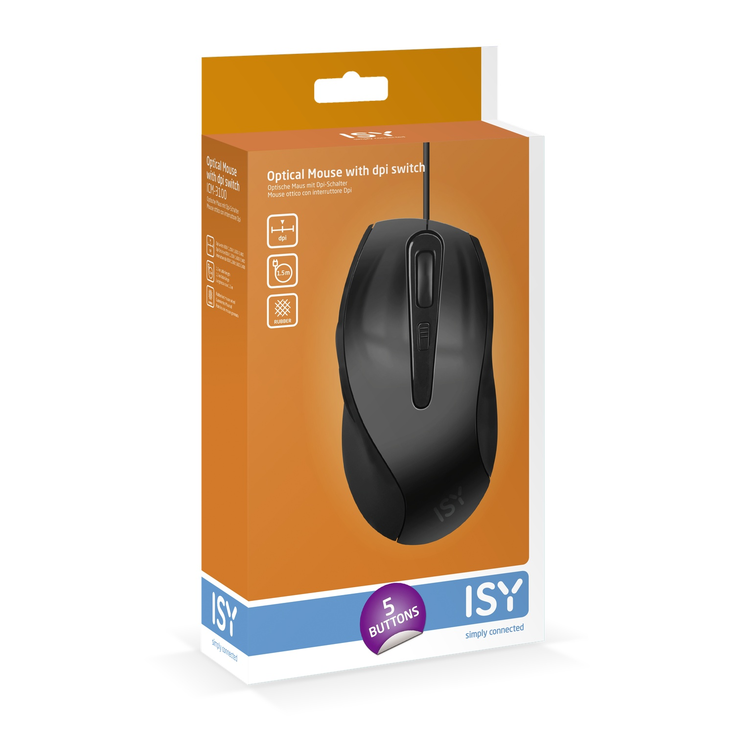 Black optical mouse with DPI switch in a box. The box is orange and white.