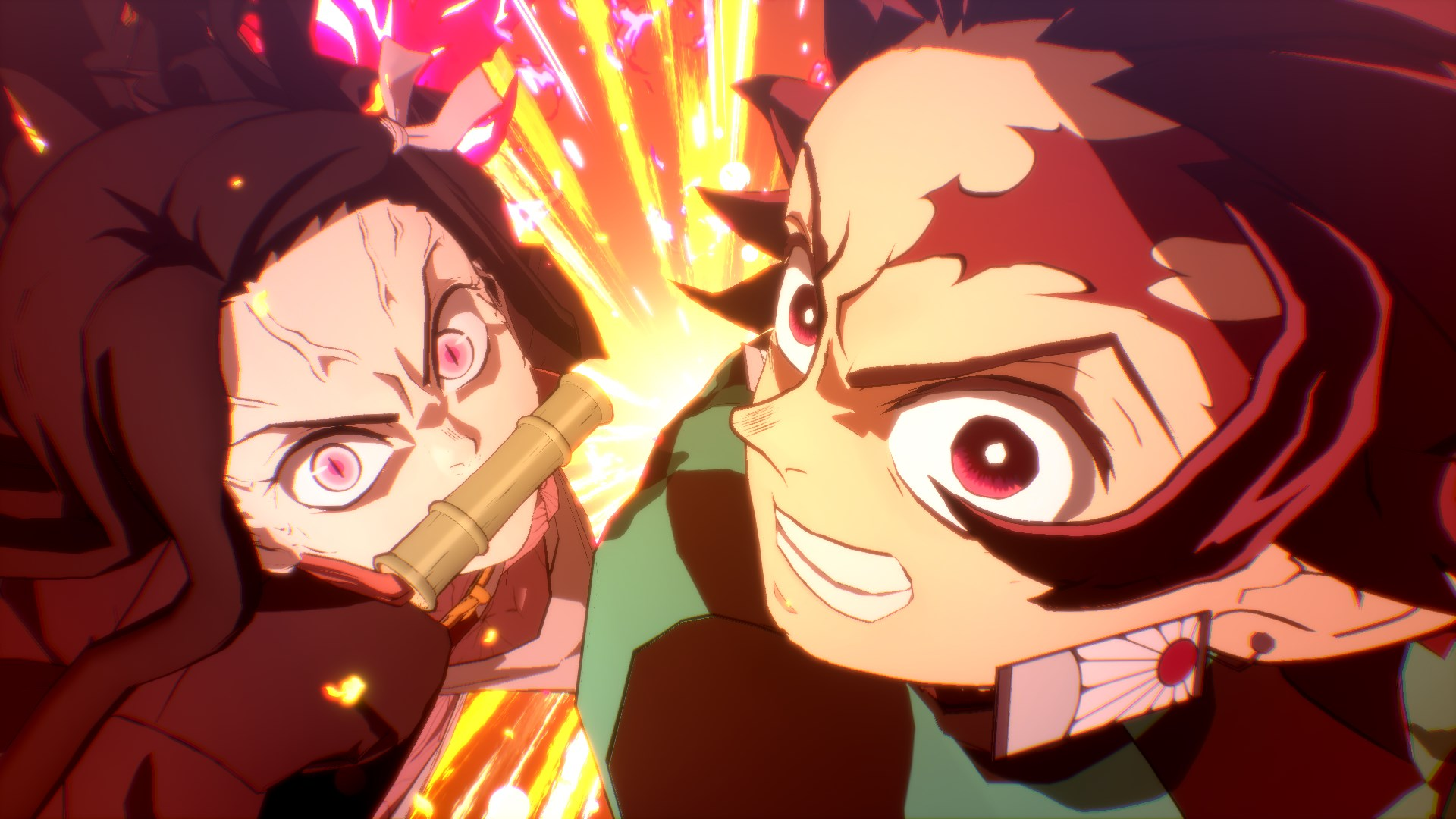 Deux personnages d'anime dans un combat avec des reflets rouges et jaunes.