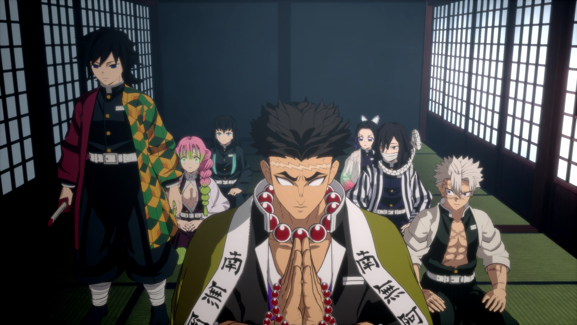 Personnages d'anime dans une pièce, un devant, d'autres assis, avec du texte japonais.