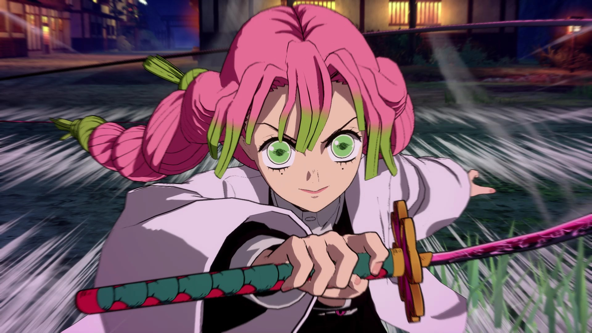 Fille animée aux cheveux roses, épée à la main.