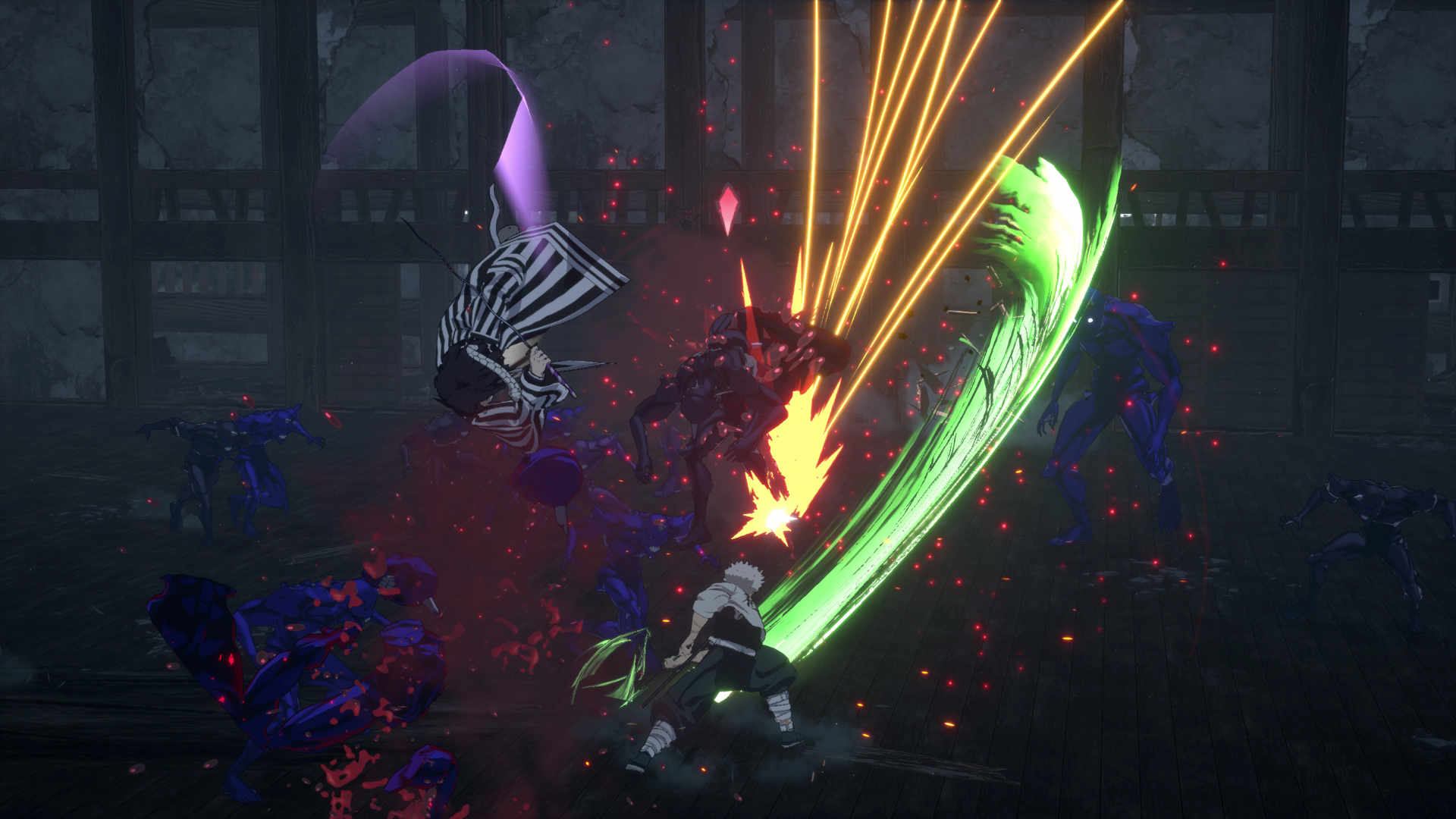 Scène d'action de style anime avec des personnages se battant, effets d'énergie lumineux, cadre sombre.