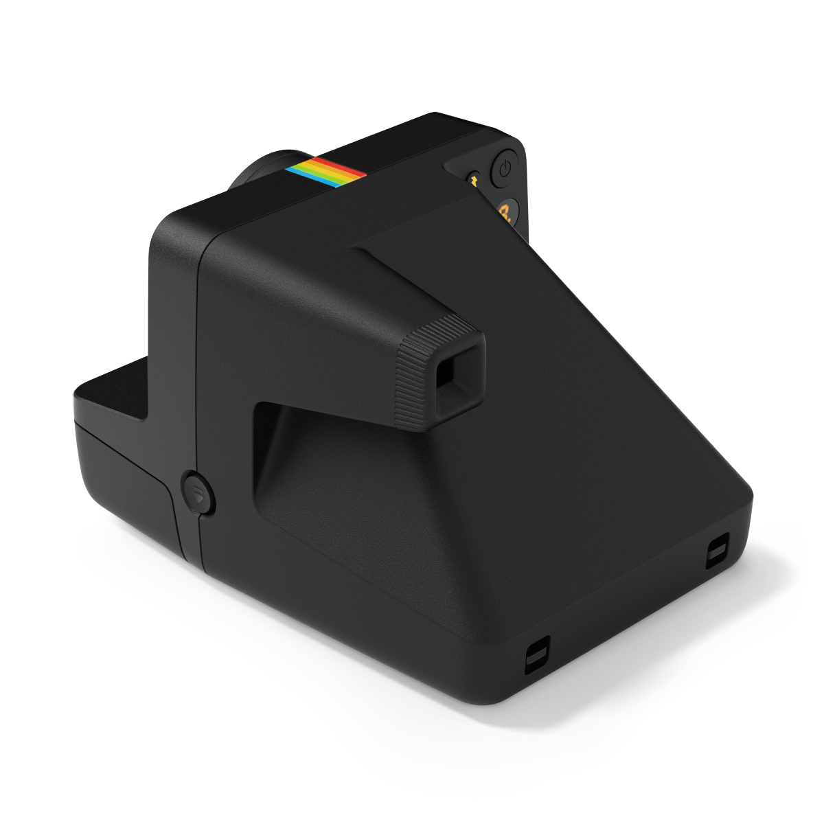 Schwarze Polaroid-Kamera mit Regenbogenstreifen. Schräge Ansicht auf weißer Oberfläche. Ein/Aus-Taste an der Seite.
