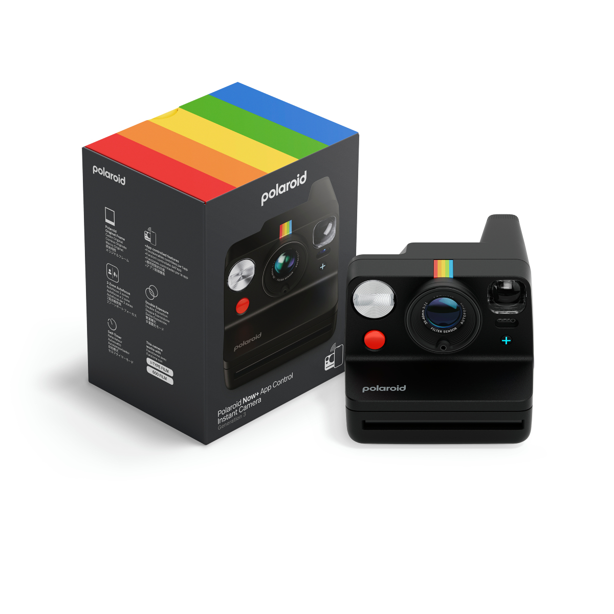 Eine schwarze Polaroid-Kamera und -Box mit Regenbogenstreifen auf weißem Hintergrund.