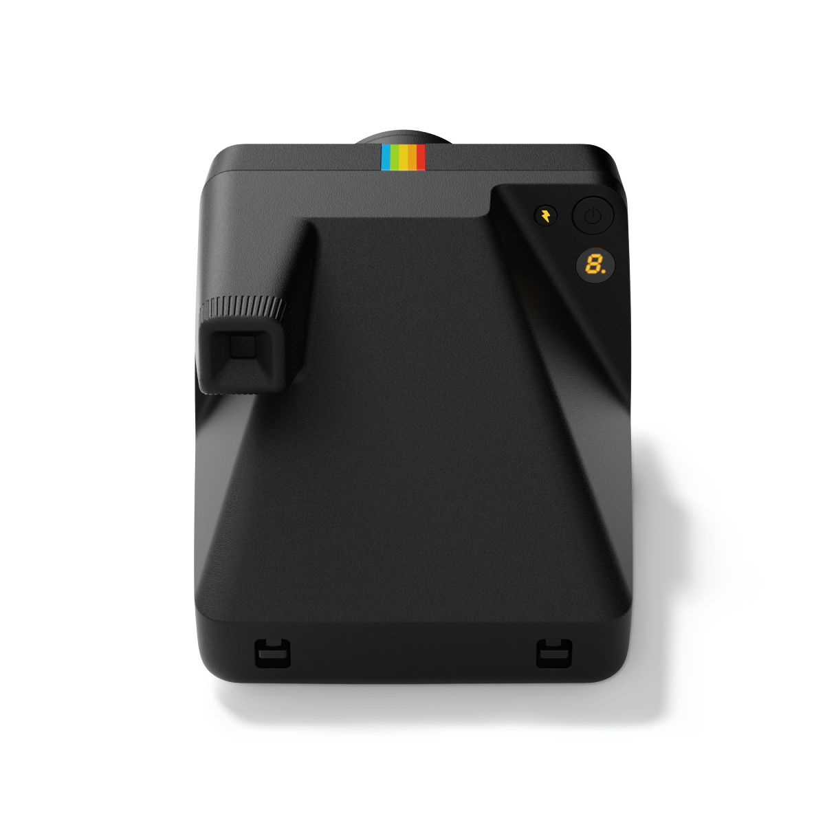 Schwarze Polaroid-Kamera, Draufsicht, mit Regenbogenstreifen und Knöpfen, auf weißem Hintergrund.
