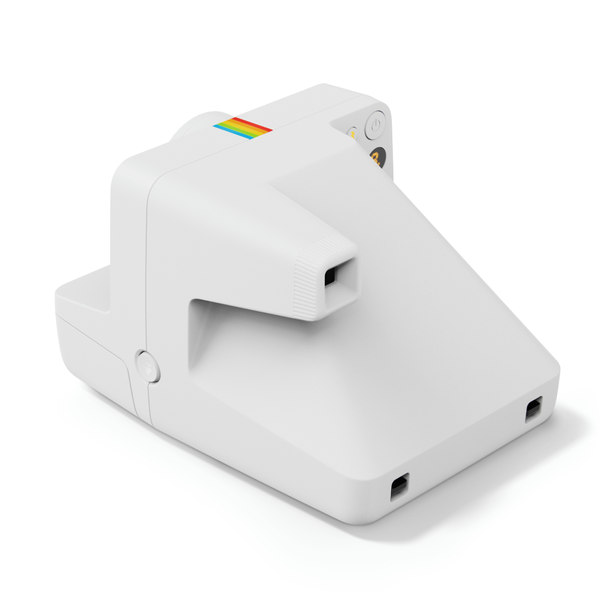 Eine weiße Polaroid-Kamera mit Regenbogenstreifen. Die Kamera ist auf weiß isoliert.