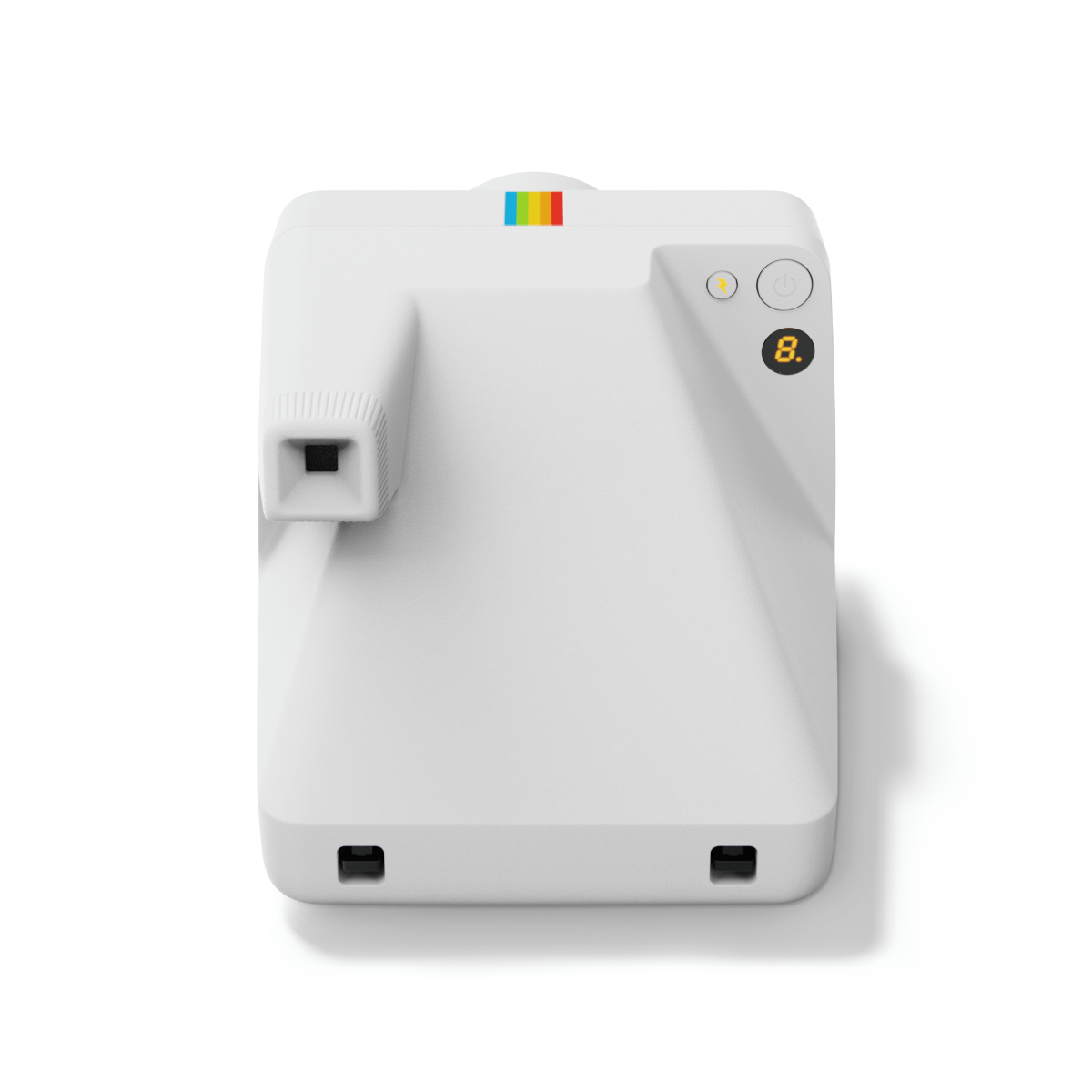 Weiße Polaroid Kamera, Draufsicht. Knöpfe, Regenbogenstreifen und Betriebsanzeige sichtbar.