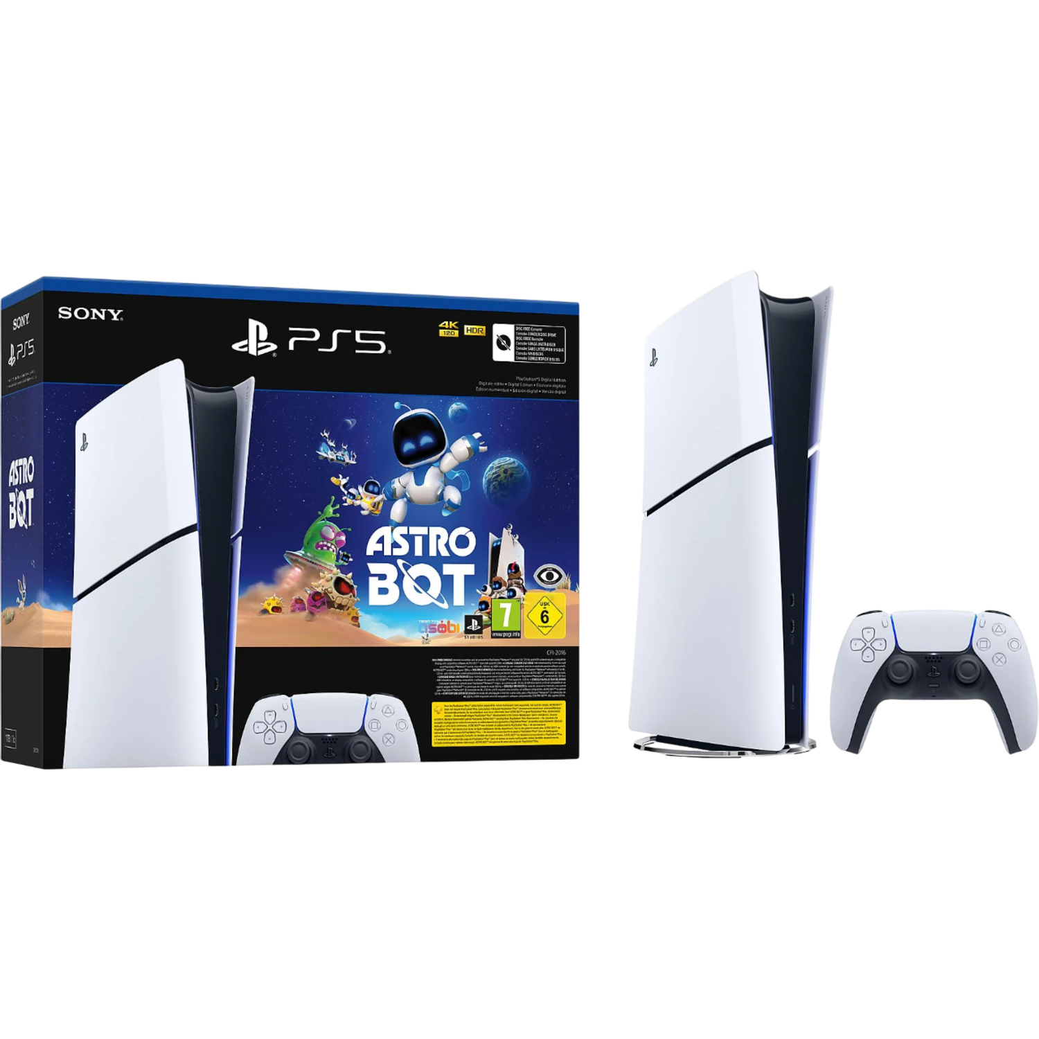PlayStation 5 console, doos en controller set, wit met zwarte accenten.