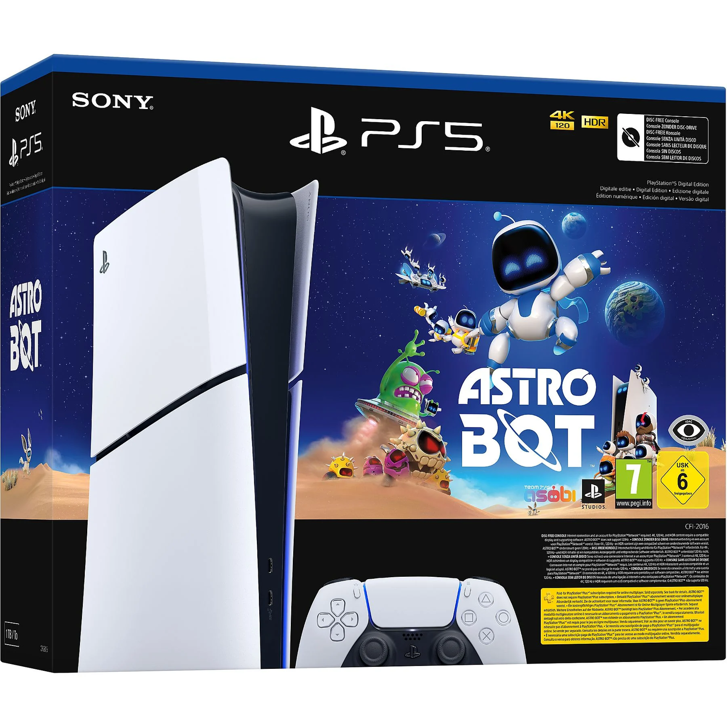 PlayStation 5 console doos, met de console, een controller en een game, op een witte achtergrond.