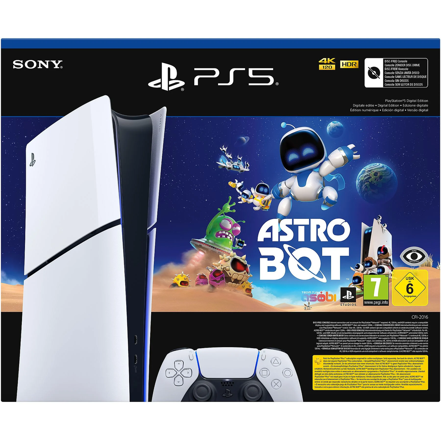 PlayStation 5 console en controller. Gamebox met personages in de ruimte.