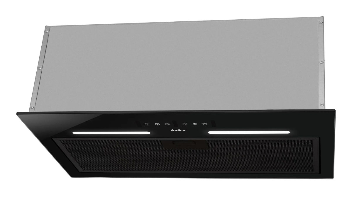 Czarny, nowoczesny okap z paskiem świetlnym i logo Amica na białym tle.