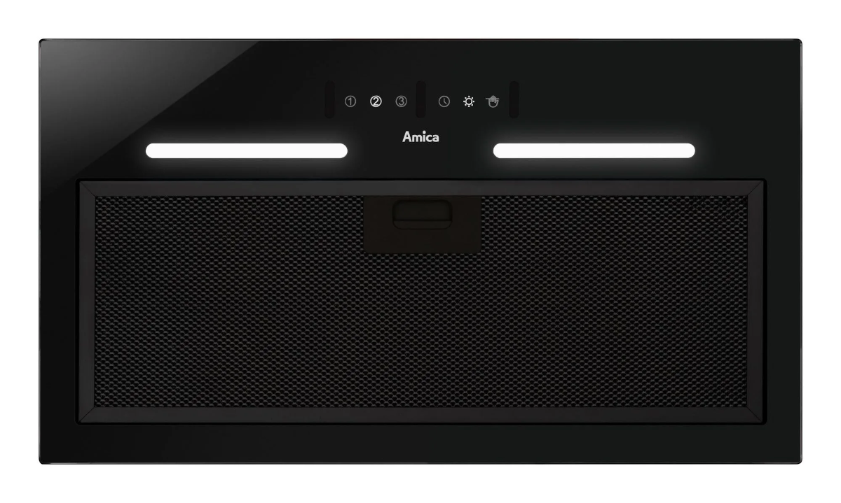 Czarny okap kuchenny, prostokątne urządzenie, ze światłami i filtrem siatkowym.