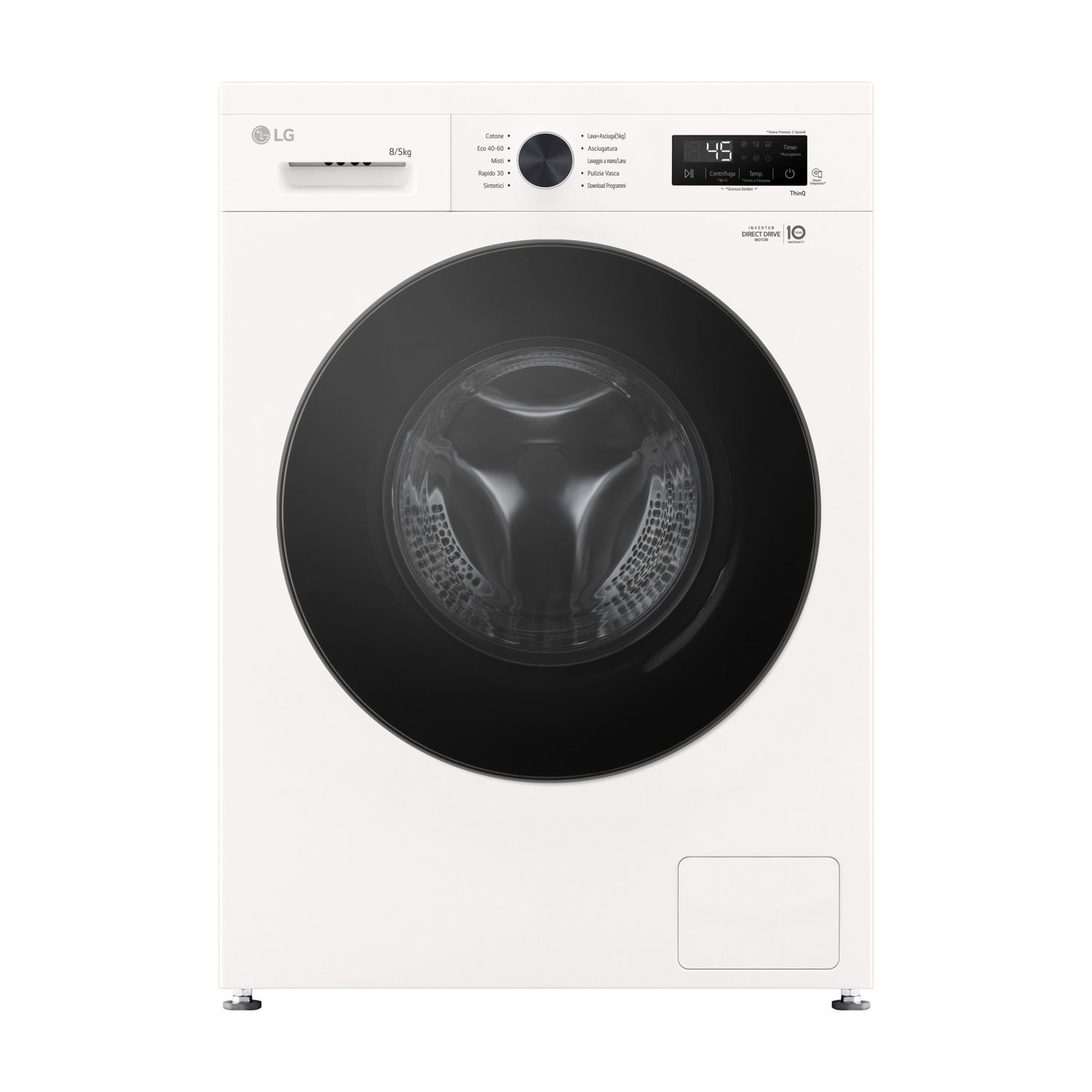 Lavatrice LG bianca, vista frontale, con porta e pannello di controllo neri, su sfondo bianco.