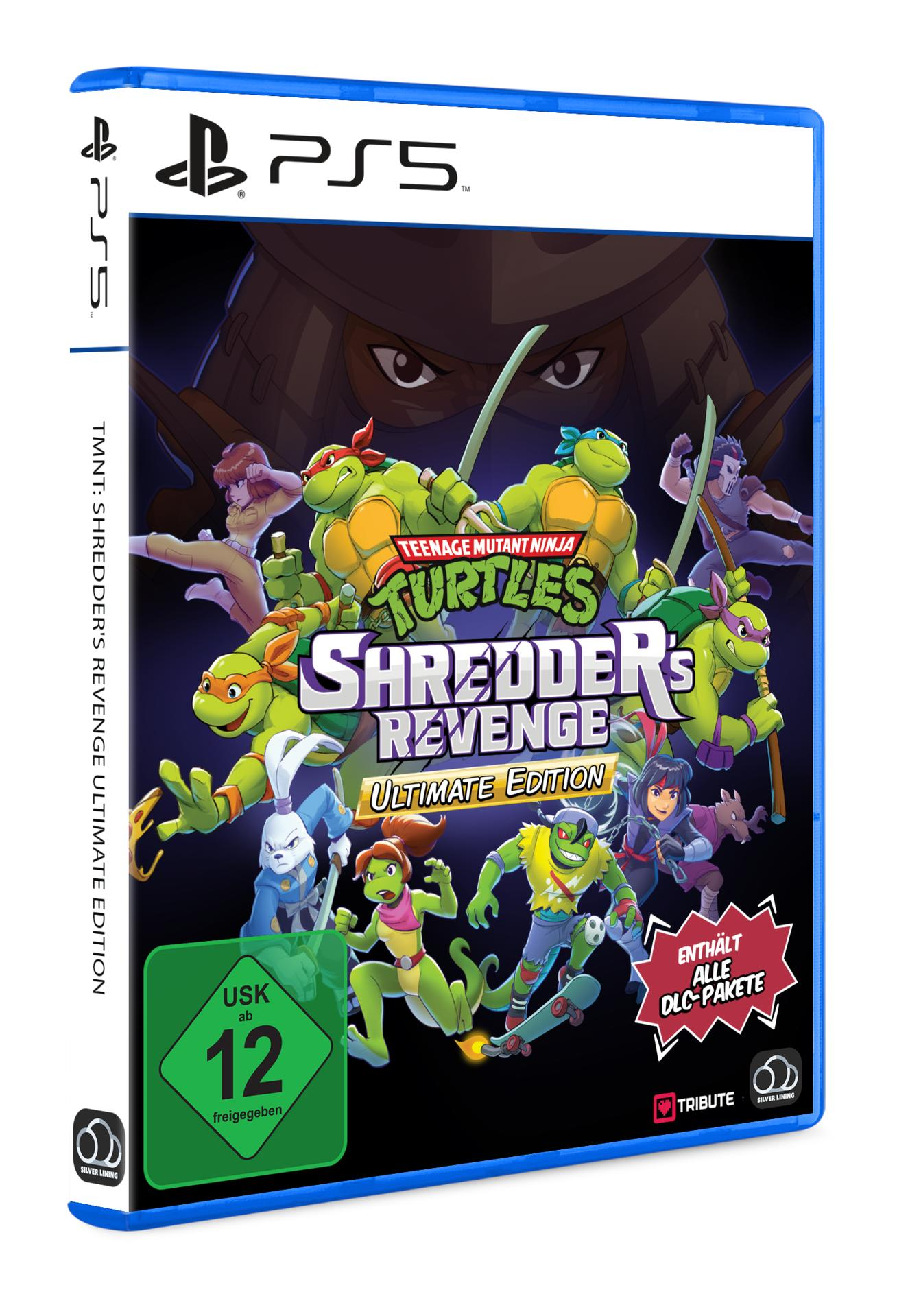 PS5-Spielbox, Teenage Mutant Ninja Turtles: Shredder's Revenge, mit bunten Charakteren und blauem Cover.