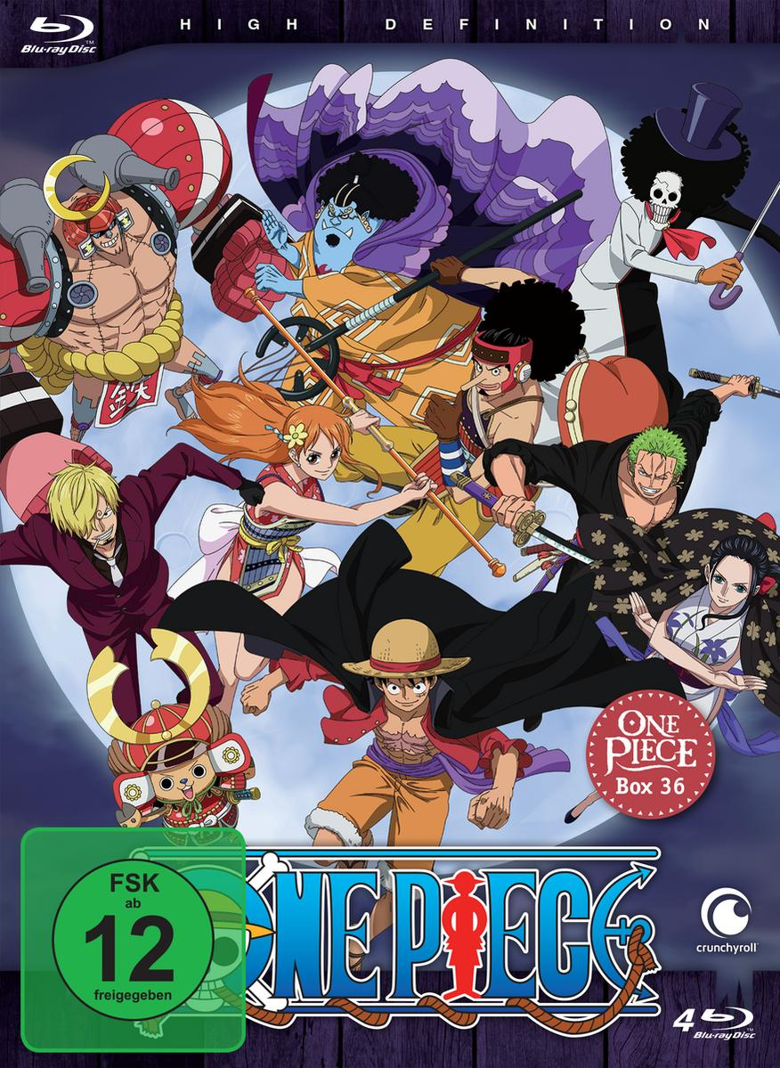 One Piece Box 36 Anime Blu-ray-Cover. Verschiedene Charaktere mit Piratenmotiv.