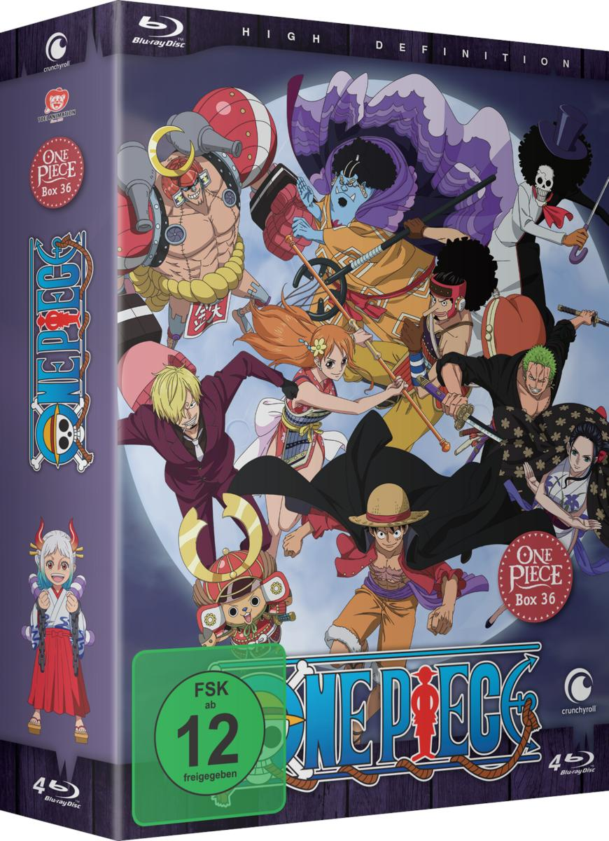 Anime-Box-Set mit mehreren Charakteren. Die Box ist grün, mit 'ONE PIECE' und 'Box 36' Beschriftungen.