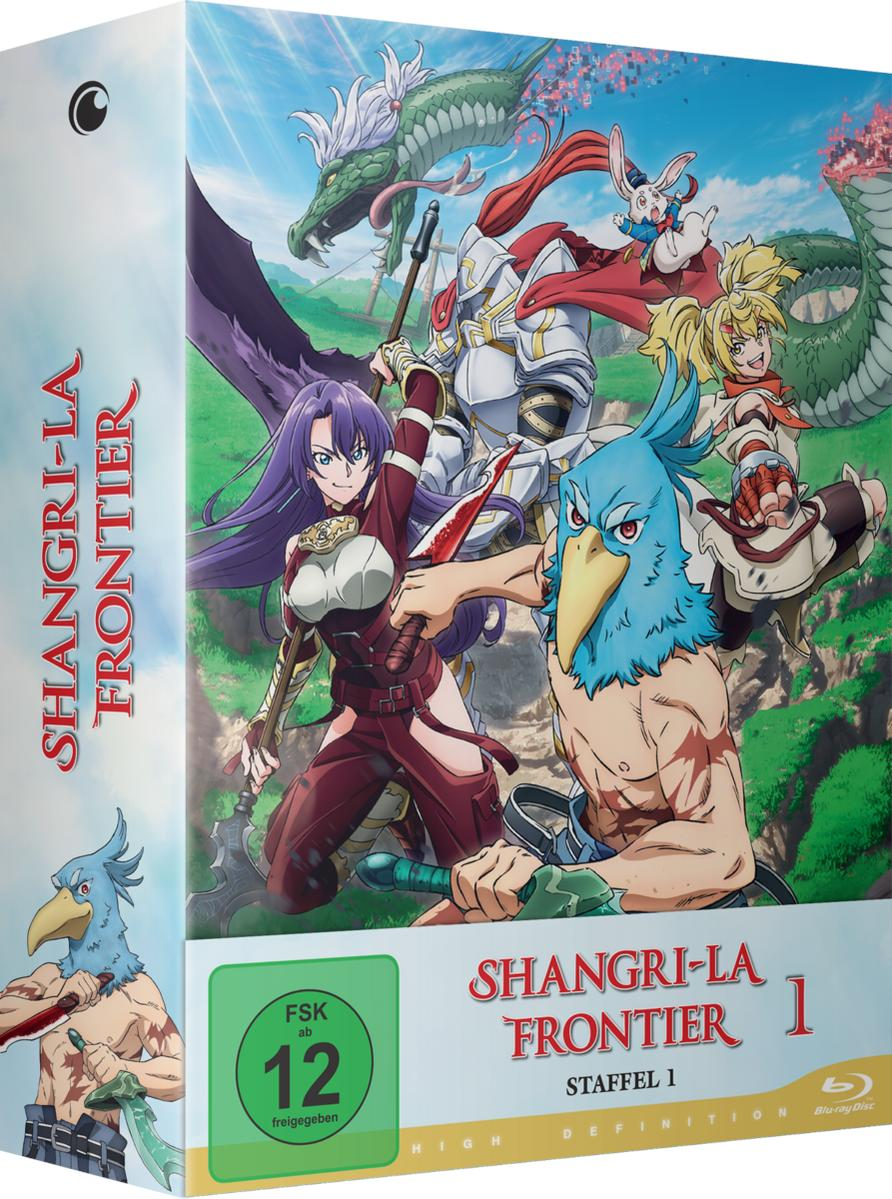 Shangri-La Frontier Staffel 1 Blu-ray Box. Anime-Charaktere und Logo auf dem Cover.