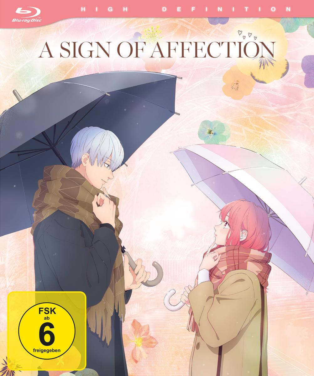 DVD-Cover des Anime 'A Sign of Affection' mit zwei Personen unter Schirmen.
