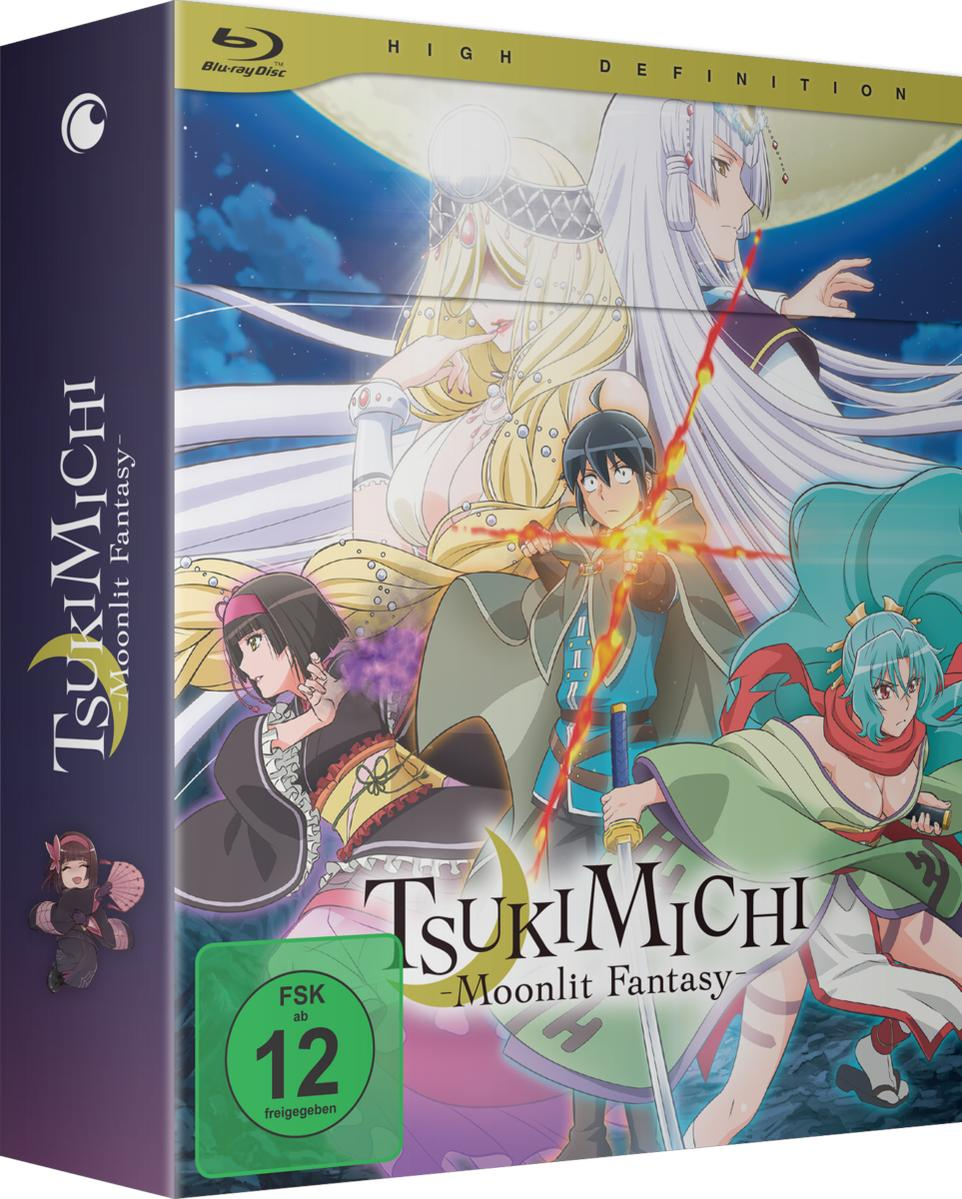 Blu-ray-Box-Art für den Anime TsukiMichi -Moonlit Fantasy-. Charaktere in einer Fantasy-Umgebung. Die Box zeigt Text und ein FSK-12-Logo.