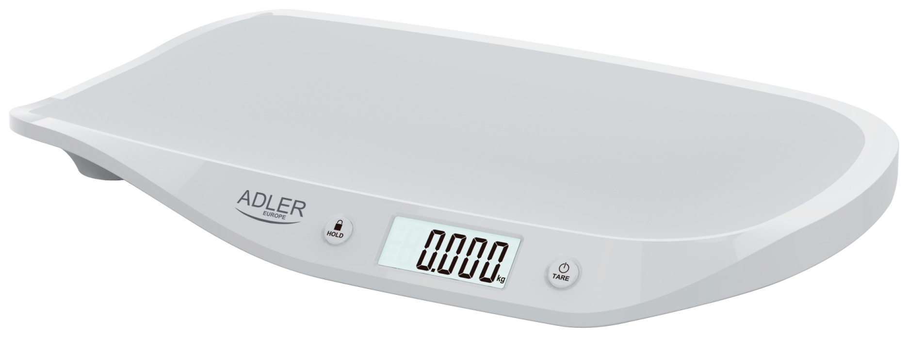 Fehér babamérleg, digitális kijelzővel, a súly 0,000 kg-ra állítva.