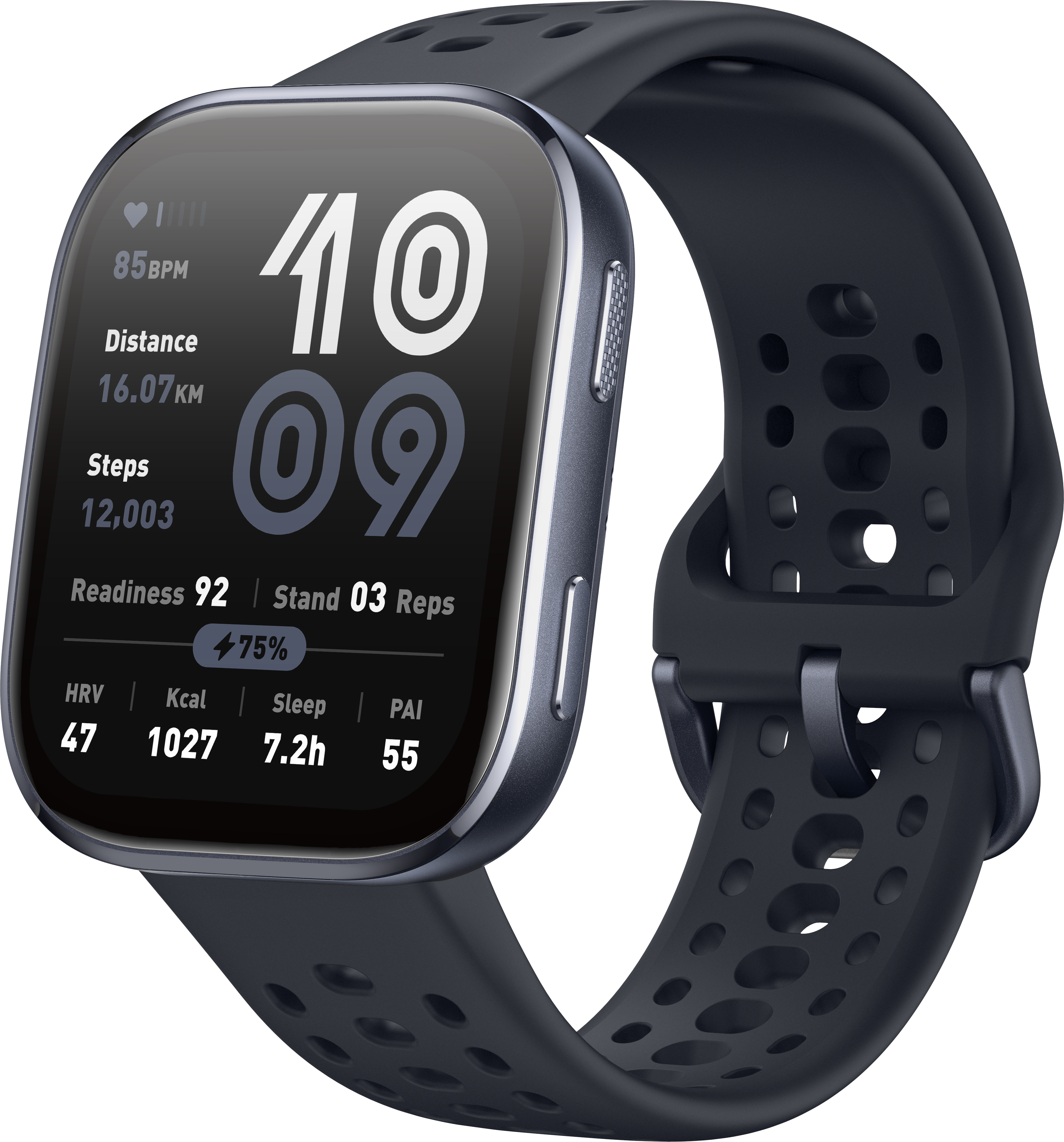 Eine schwarze Smartwatch mit dunklem Band, die Fitnessdaten auf dem Bildschirm anzeigt.