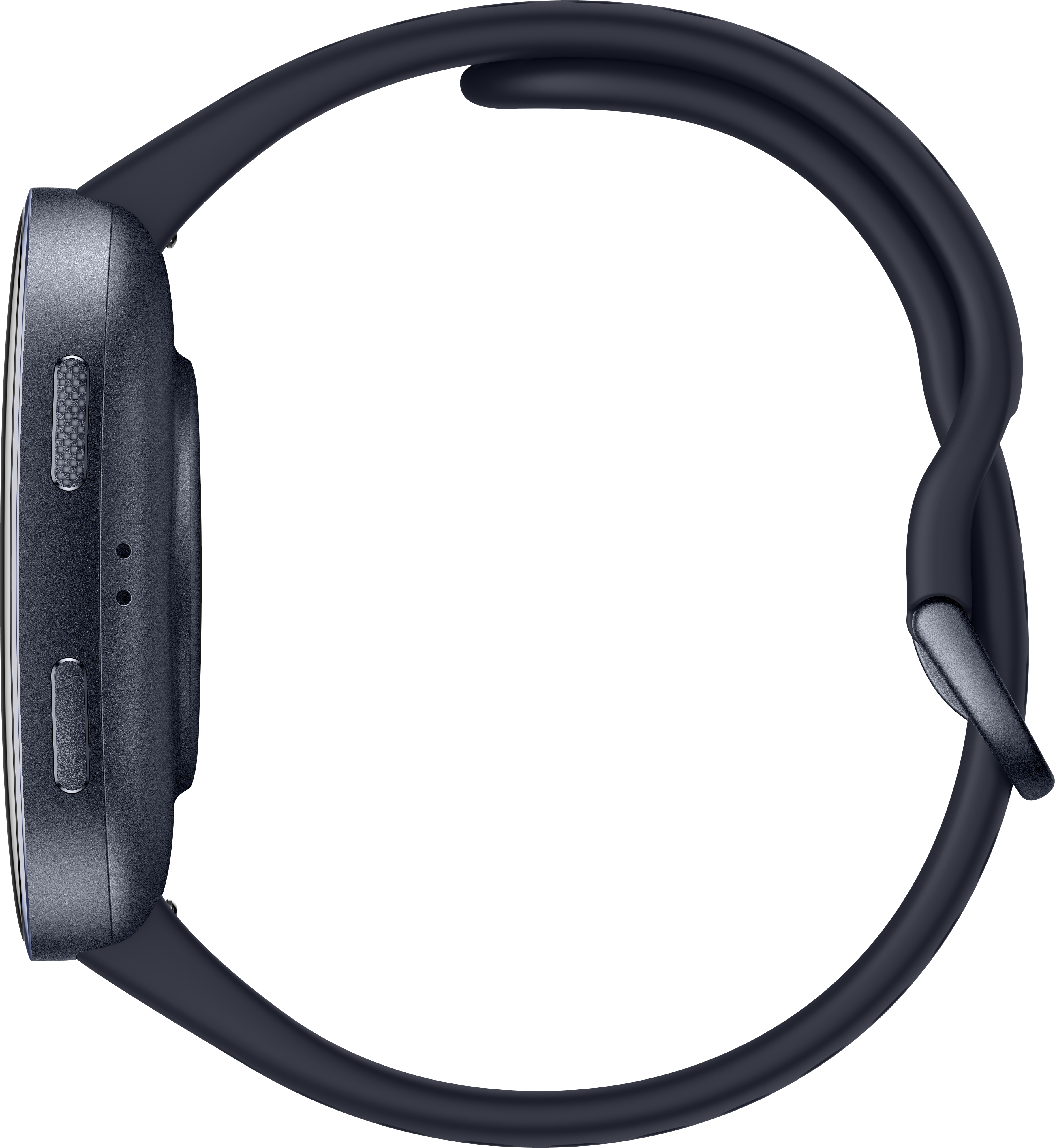 Eine Smartwatch von der Seite, mit Knöpfen und einem gebogenen Band.