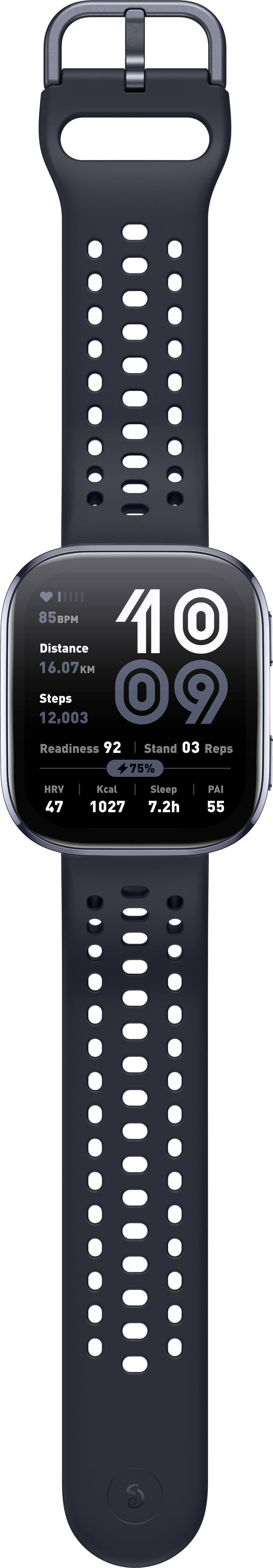 Eine Smartwatch mit schwarzem Armband, zeigt Daten auf dem Bildschirm, schwarzer Hintergrund.