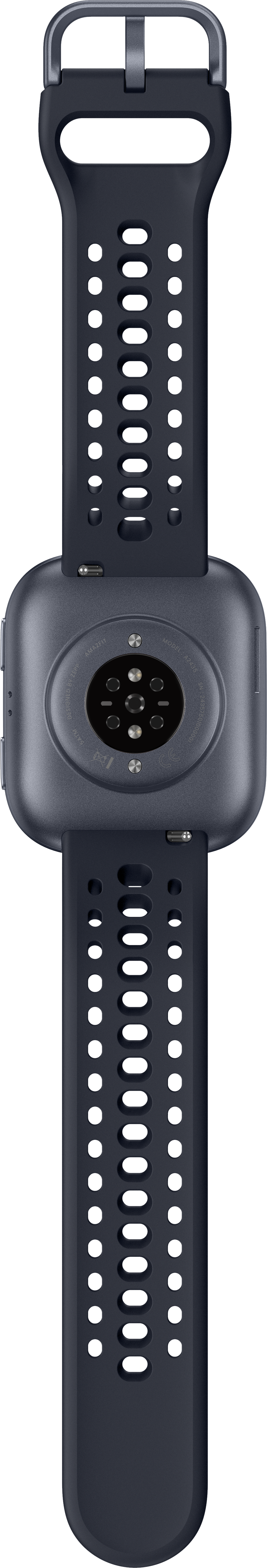 Rückseite einer dunkelgrauen Smartwatch mit schwarzem Armband, Herzfrequenzsensor und Belüftungslöchern.