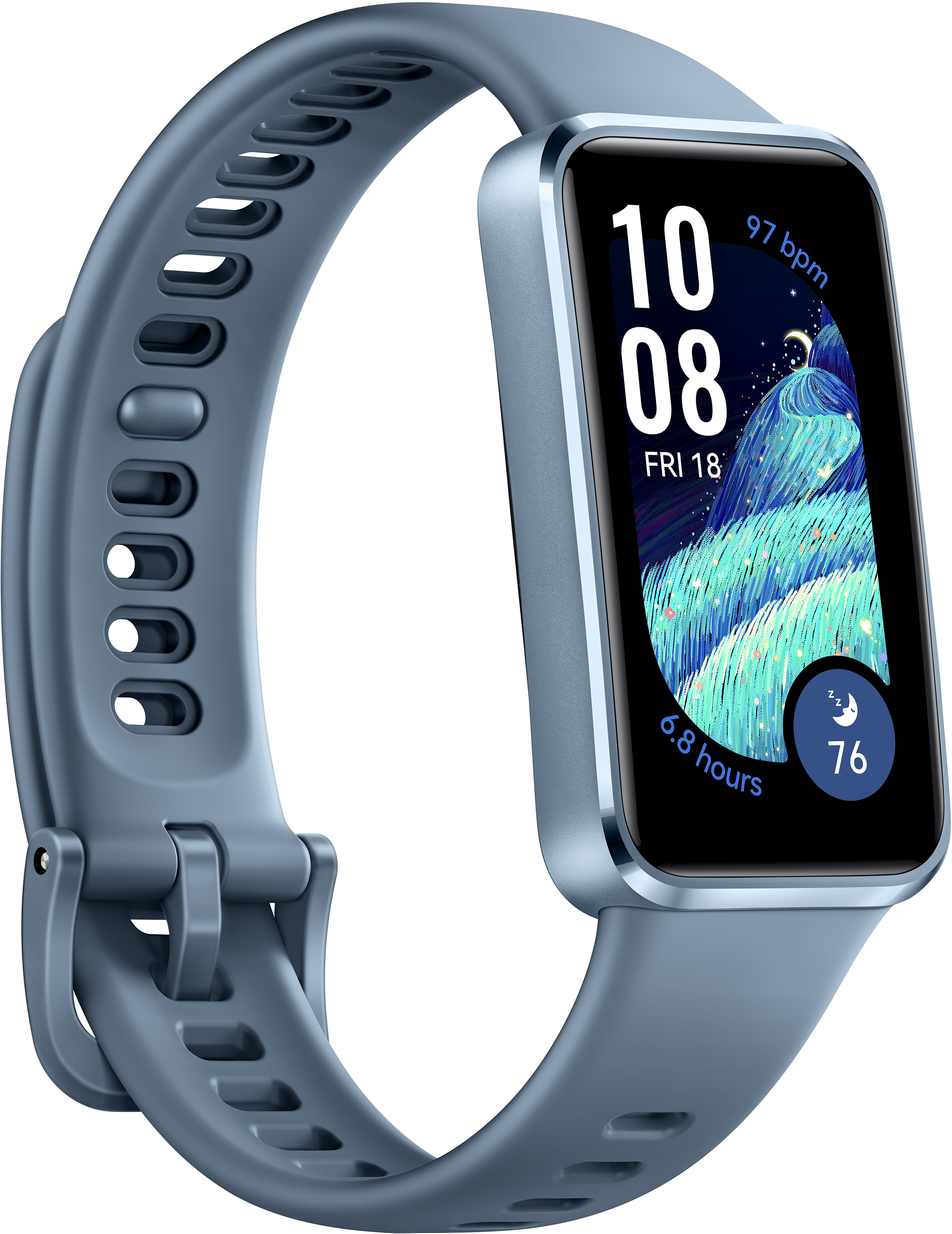 Kék fitnesz tracker digitális kijelzővel, időt, bpm-et és aktivitási adatokat mutat.