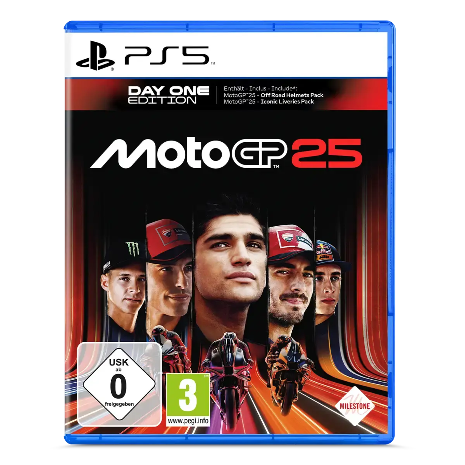 MotoGP 25 game box, Day One Edition, with racers' faces.
