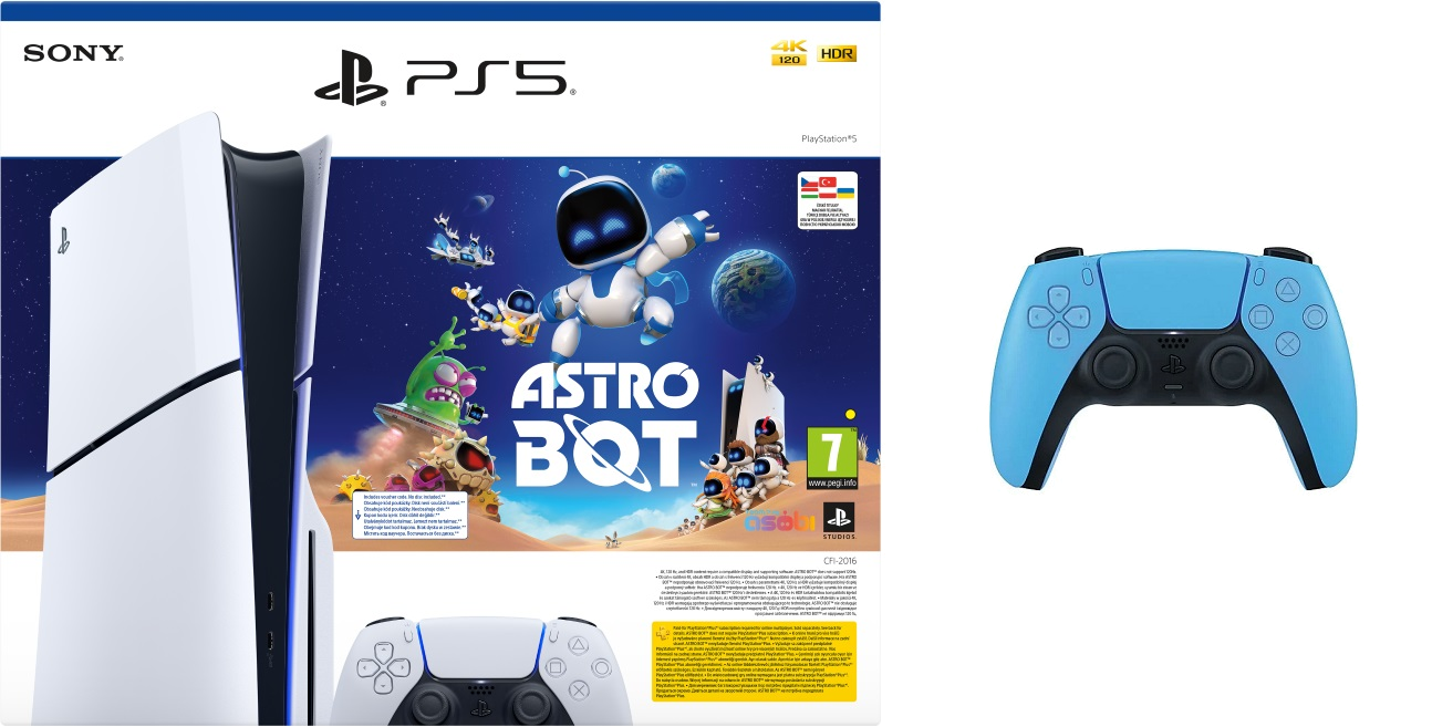 Konsola PS5, gra Astro Bot i niebieski kontroler DualSense.