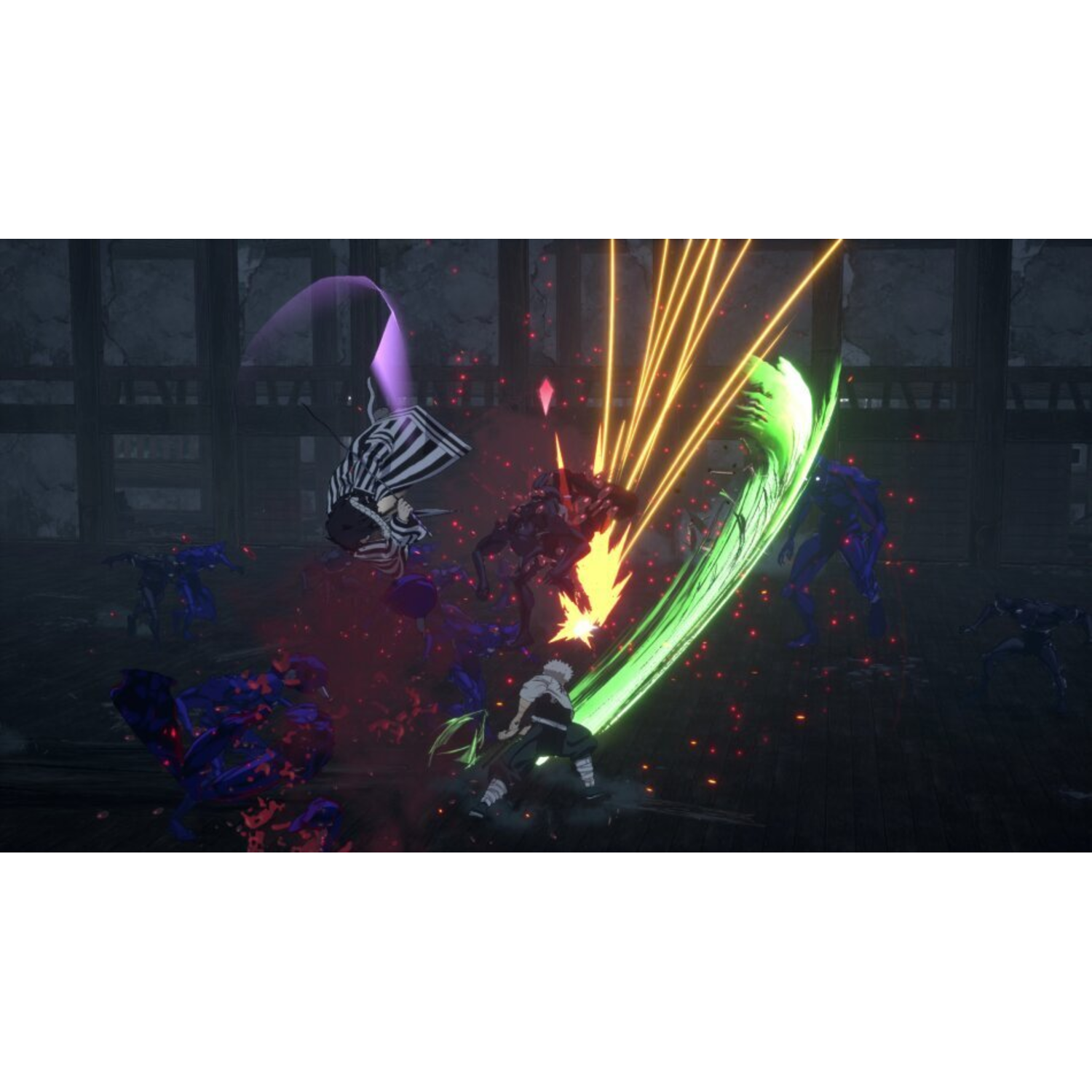 Anime-style battle scene with characters fighting in a dark environment with energy effects.