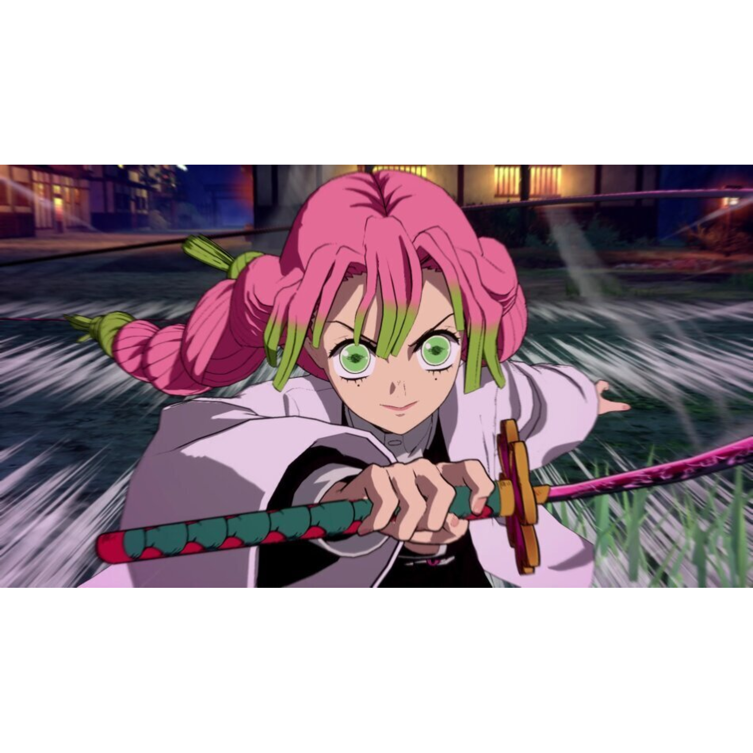 Anime character, pink hair, green eyes, holding a pink sword, in a grassy area at night.