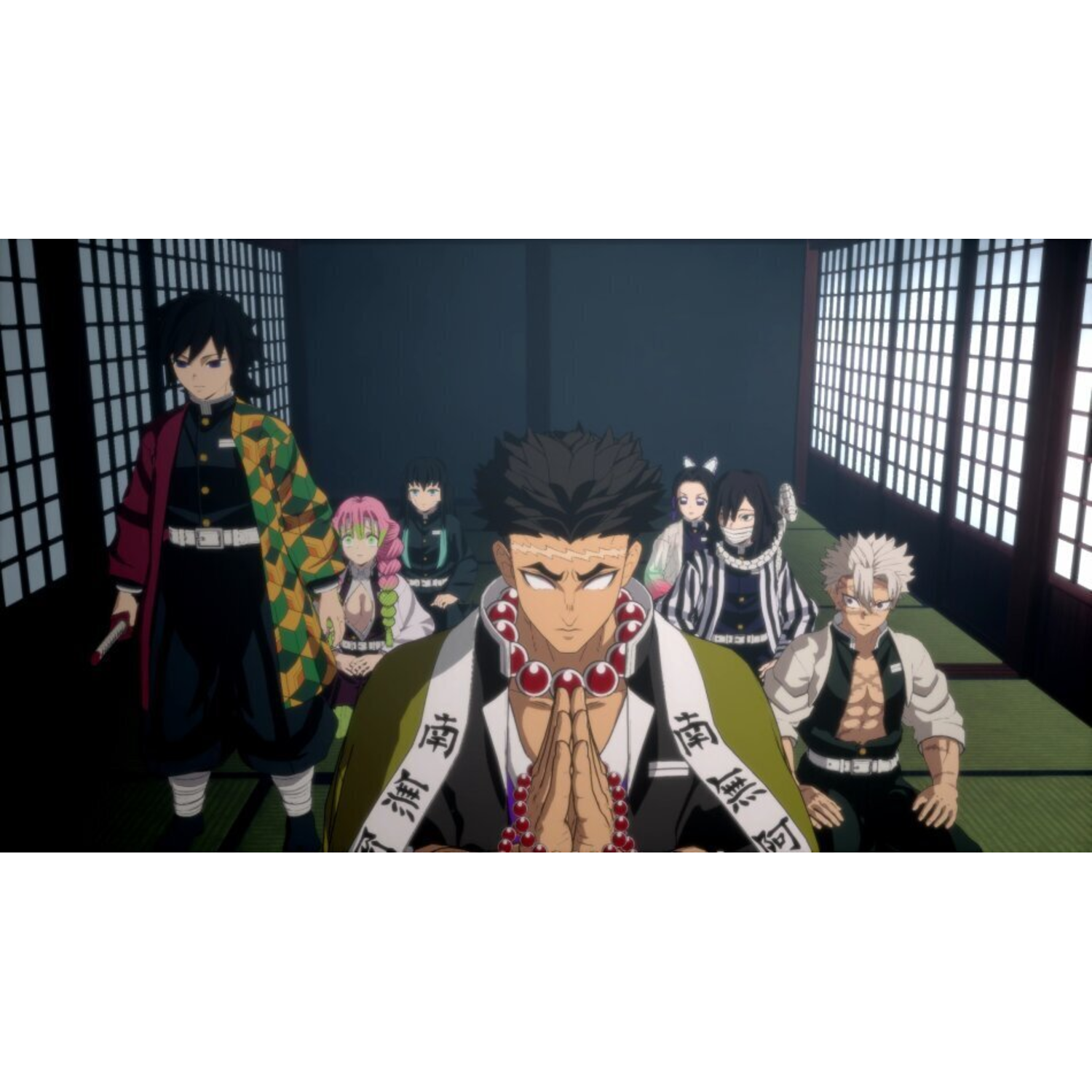 An anime scene with several characters, a central figure in the front, and traditional room.