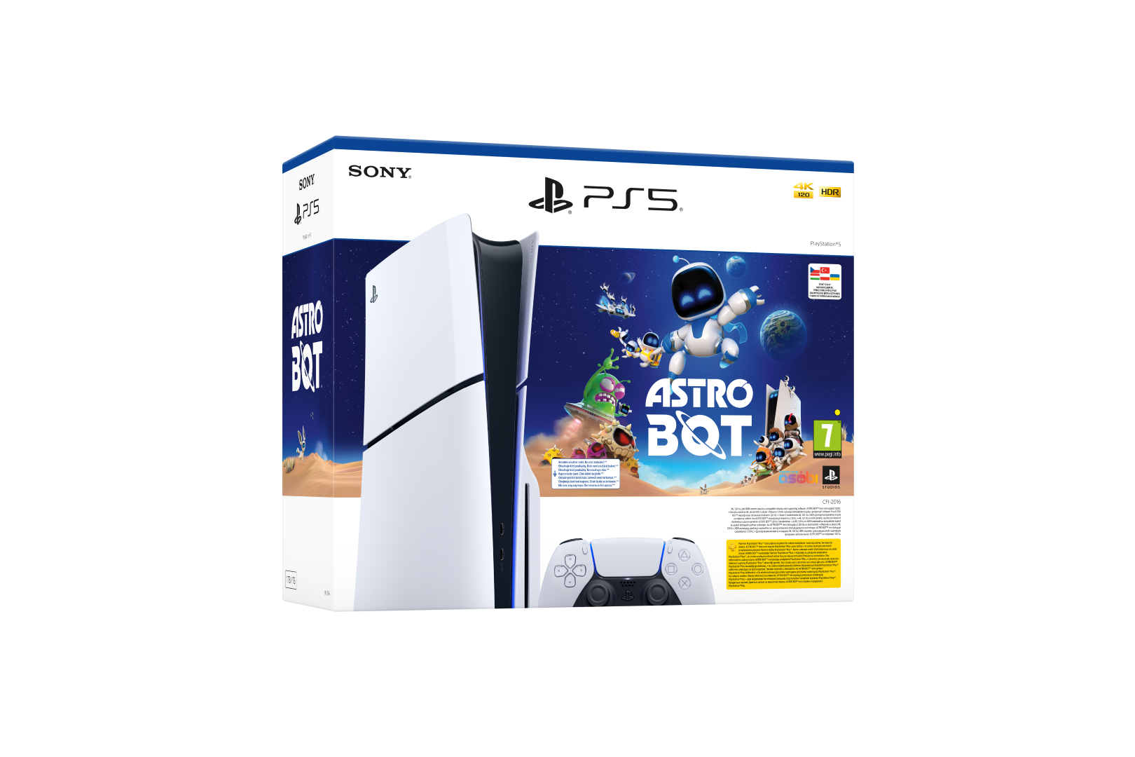 Konsola Playstation 5, pudełko i kontroler na czarnym tle z grą 'Astro Bot'.
