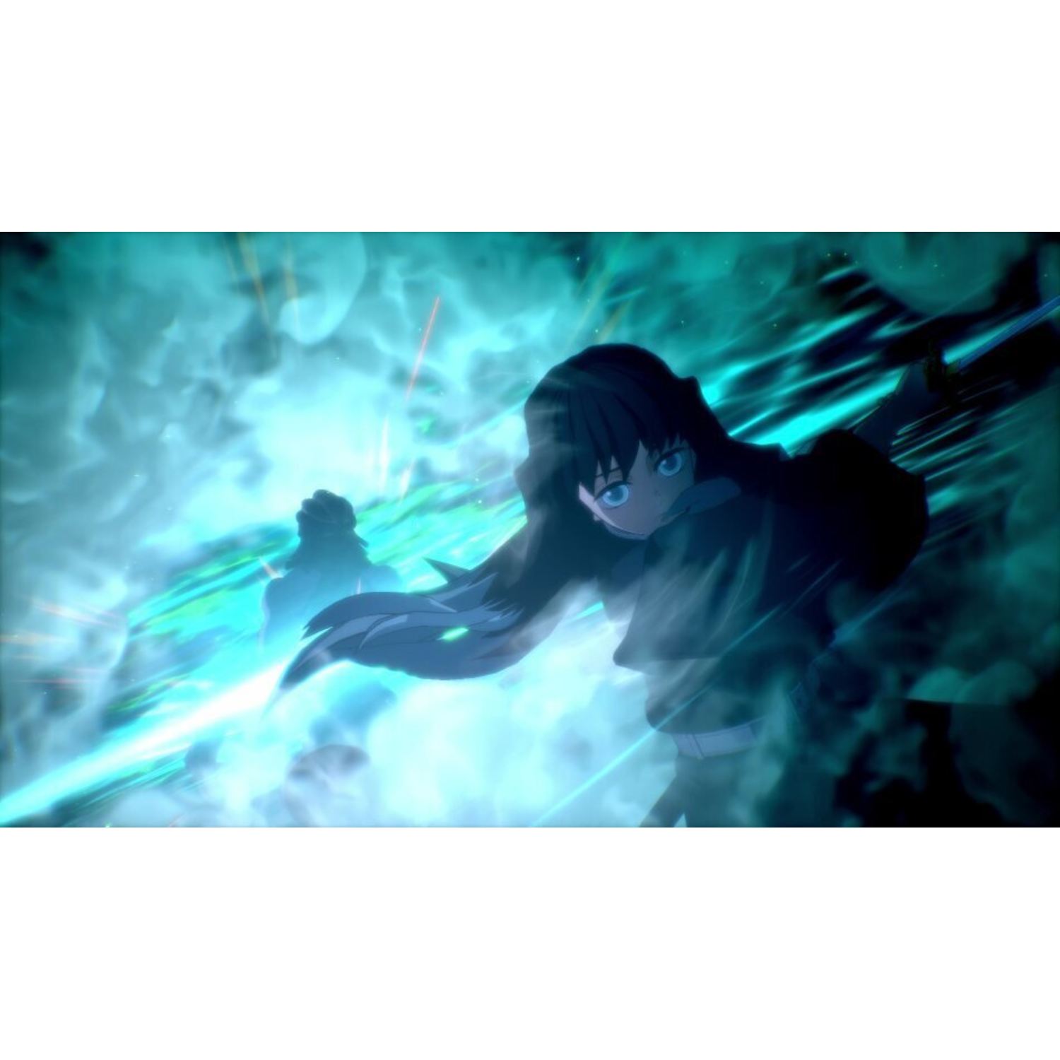 An animated character with long hair and blue eyes in a blue-green misty environment.