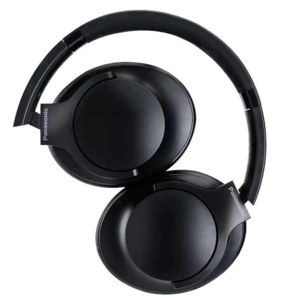 Czarne, składane słuchawki Panasonic, pokazujące obie nausznice i pałąk, na białym tle.