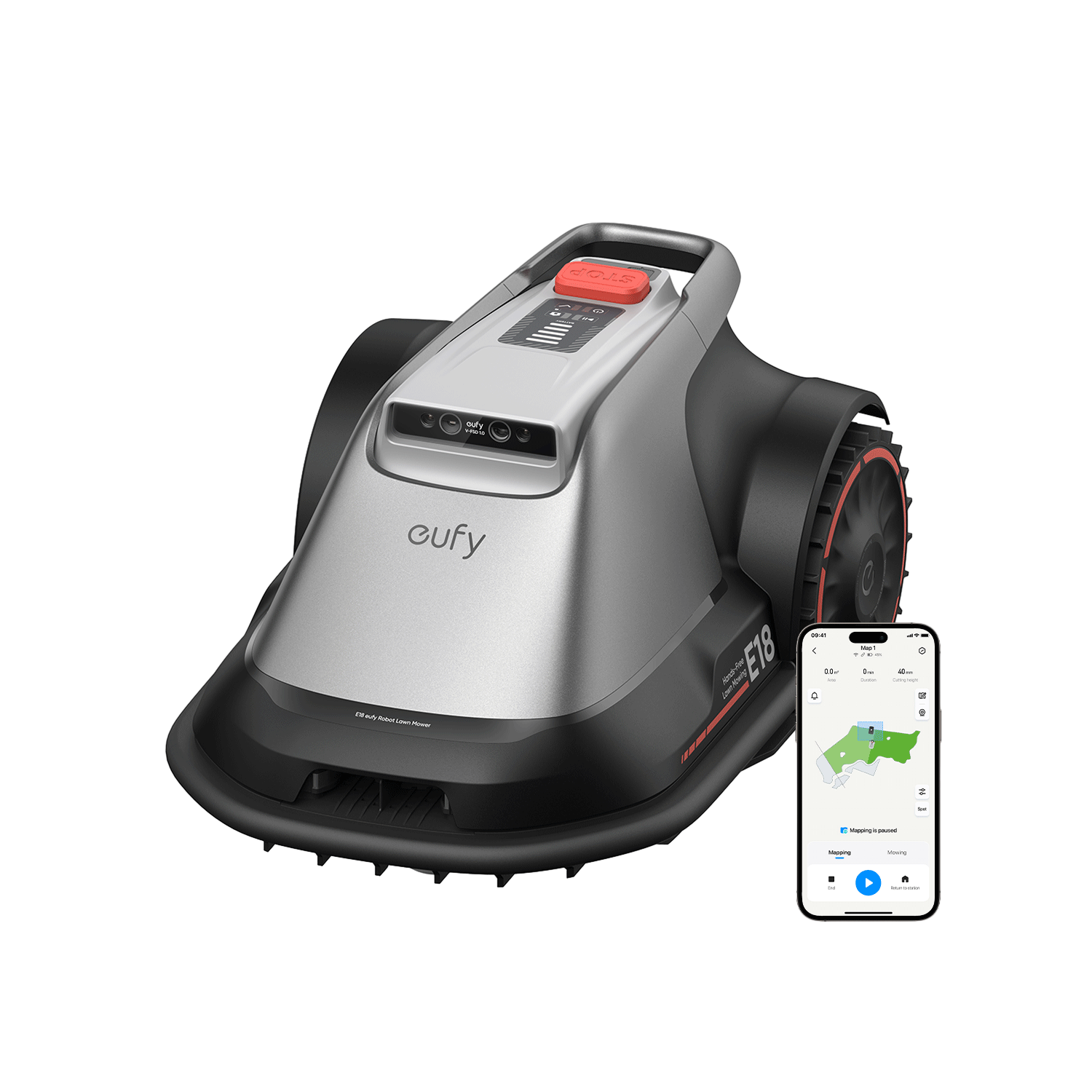 Een zilver-zwarte robot grasmaaier met een telefoon die een gazonkaart toont.