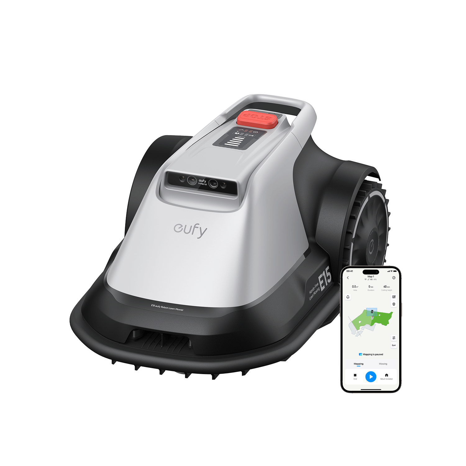 Eufy E15 robot grasmaaier, wit en zwart, met telefoon met gazonkaart en bediening.