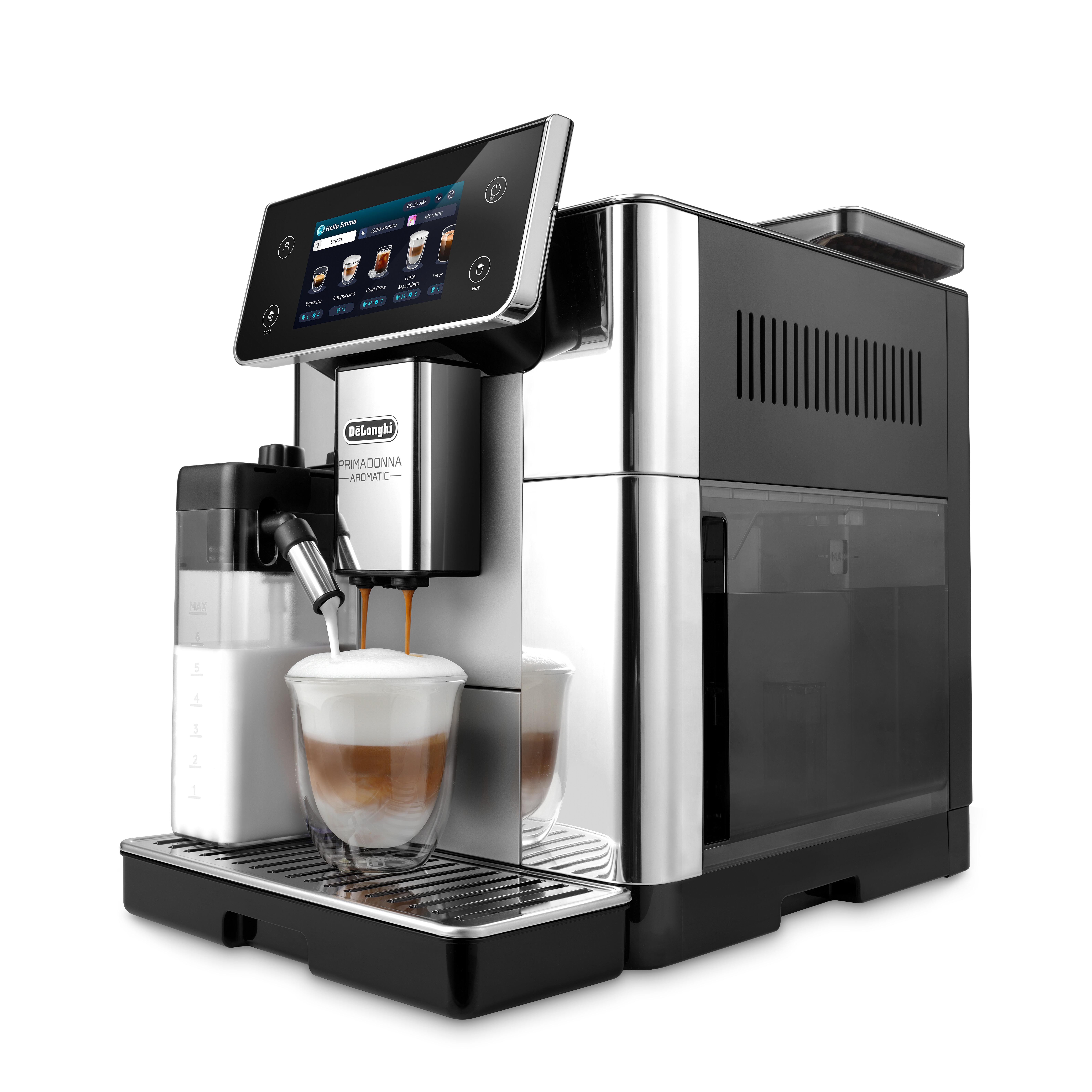 Eine De'Longhi Kaffeemaschine mit Touchscreen, die Kaffee in ein Glas ausgibt.
