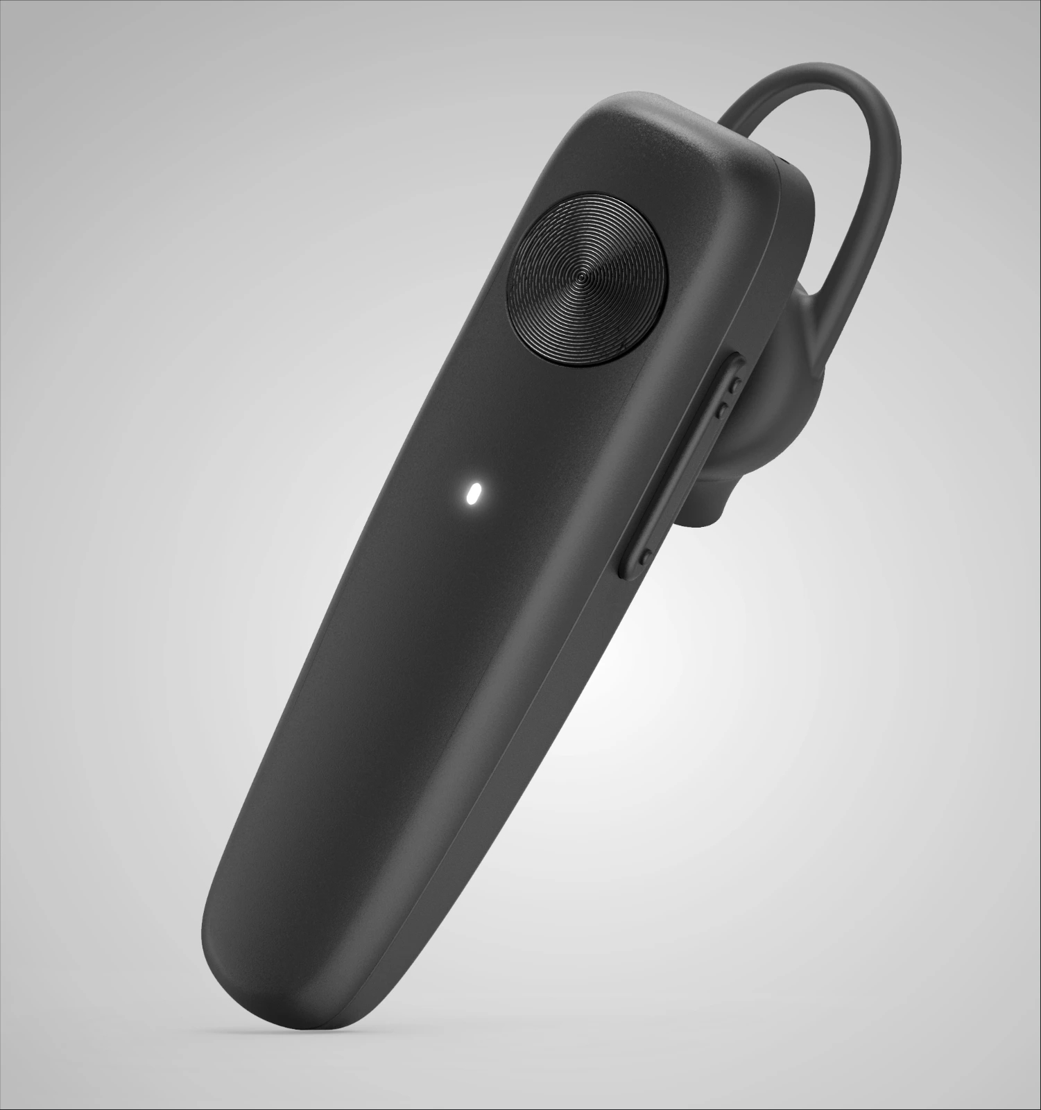 Czarny zestaw słuchawkowy Bluetooth. Ma mikrofon i kontrolkę zasilania na szarym tle.