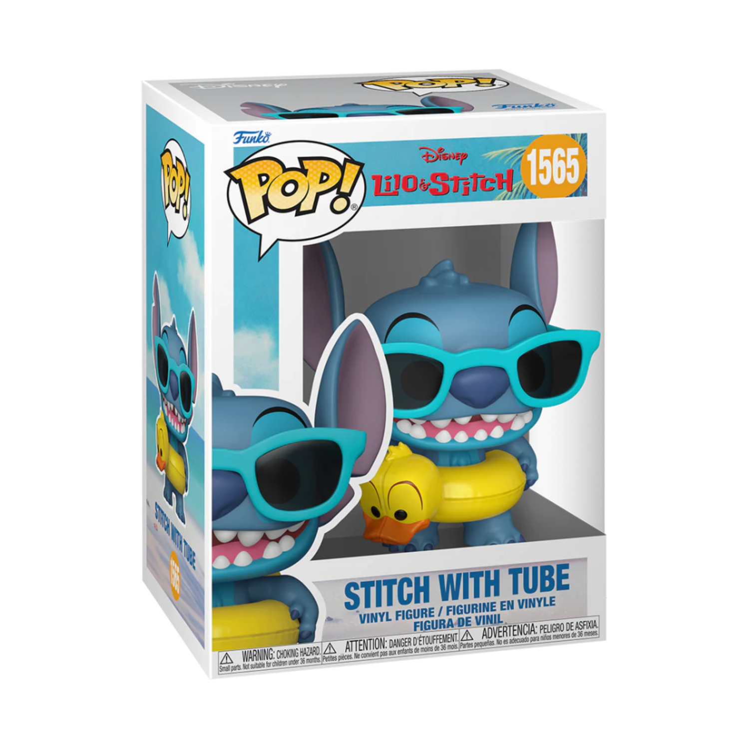 A Funko Pop box shows a Stitch figure with sunglasses and a floatie.