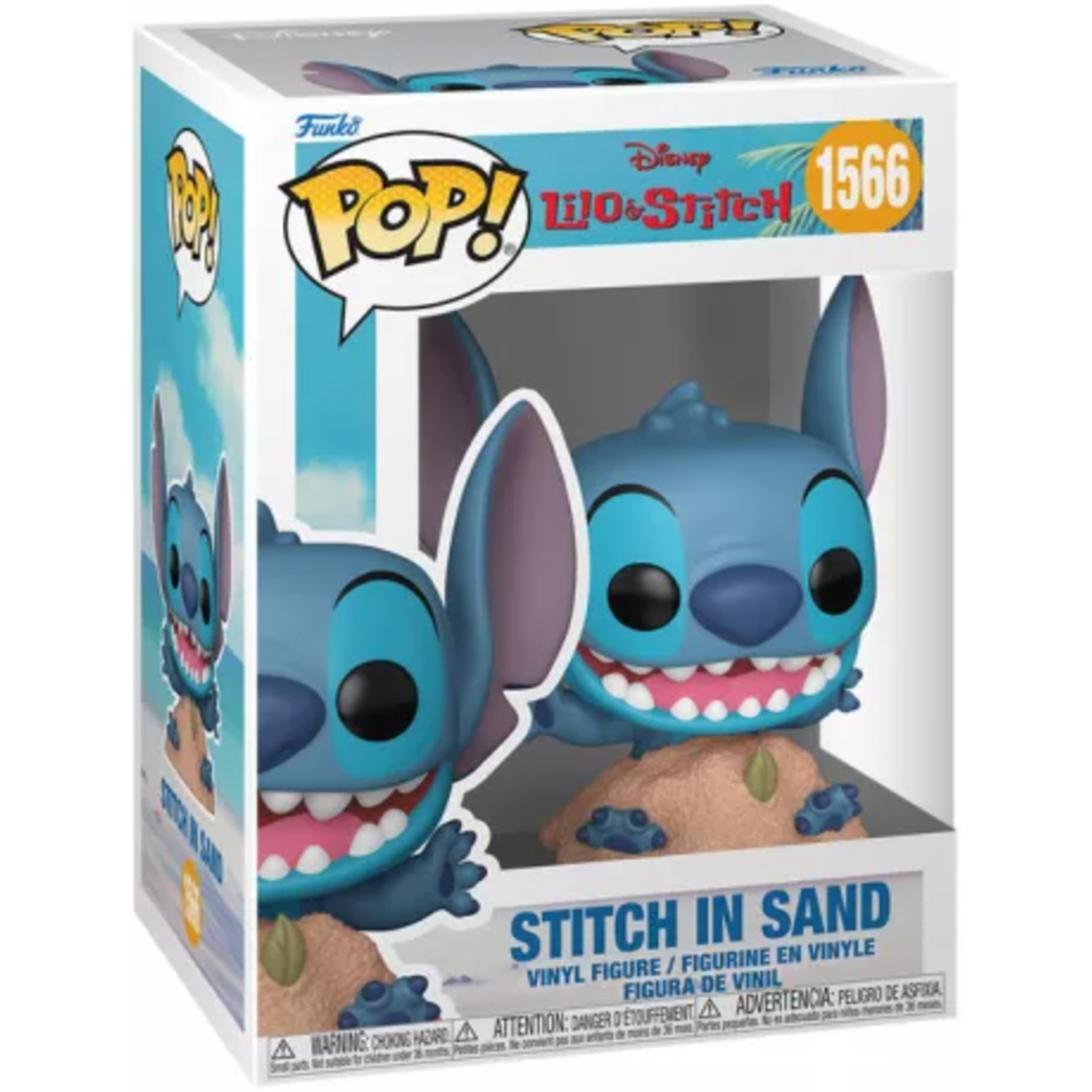 Funko Pop box of Stitch in sand figurine. Stitch smiling.