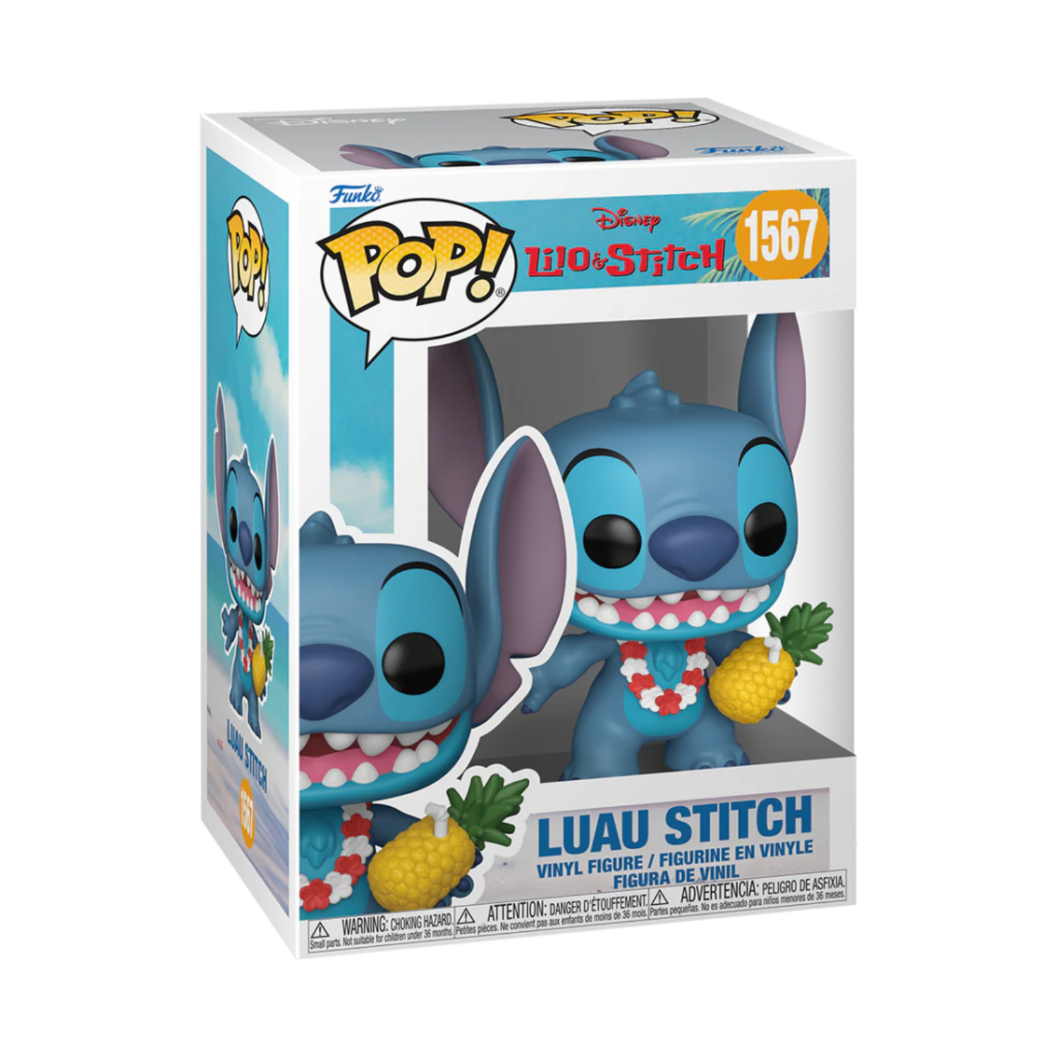 Stitch Funko Pop figure in a box. Stitch is blue, holding a pineapple, and wearing a lei.