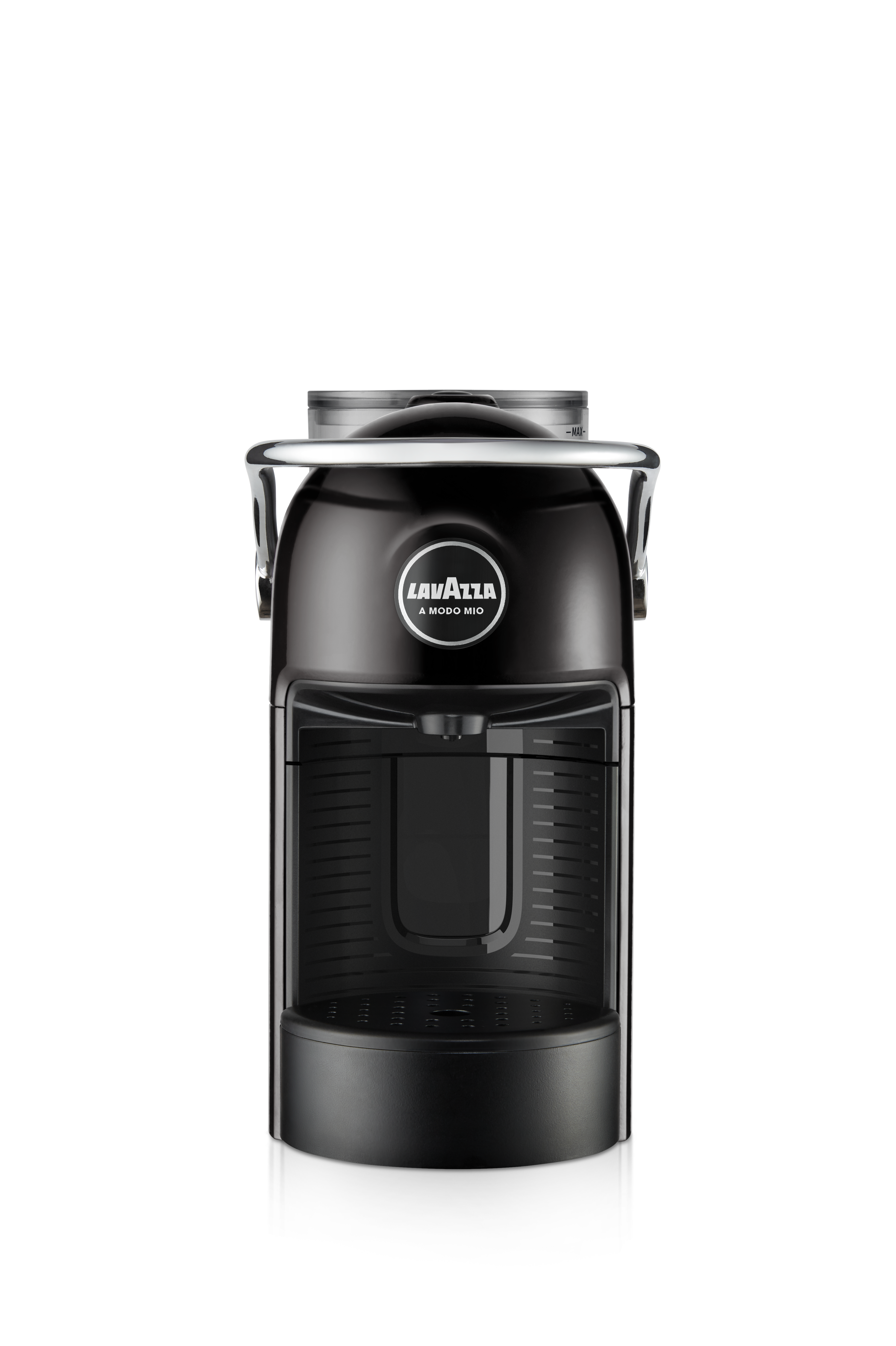Schwarze Lavazza Kaffeemaschine. Es ist eine kleine Kapselkaffeemaschine mit modernem Design.