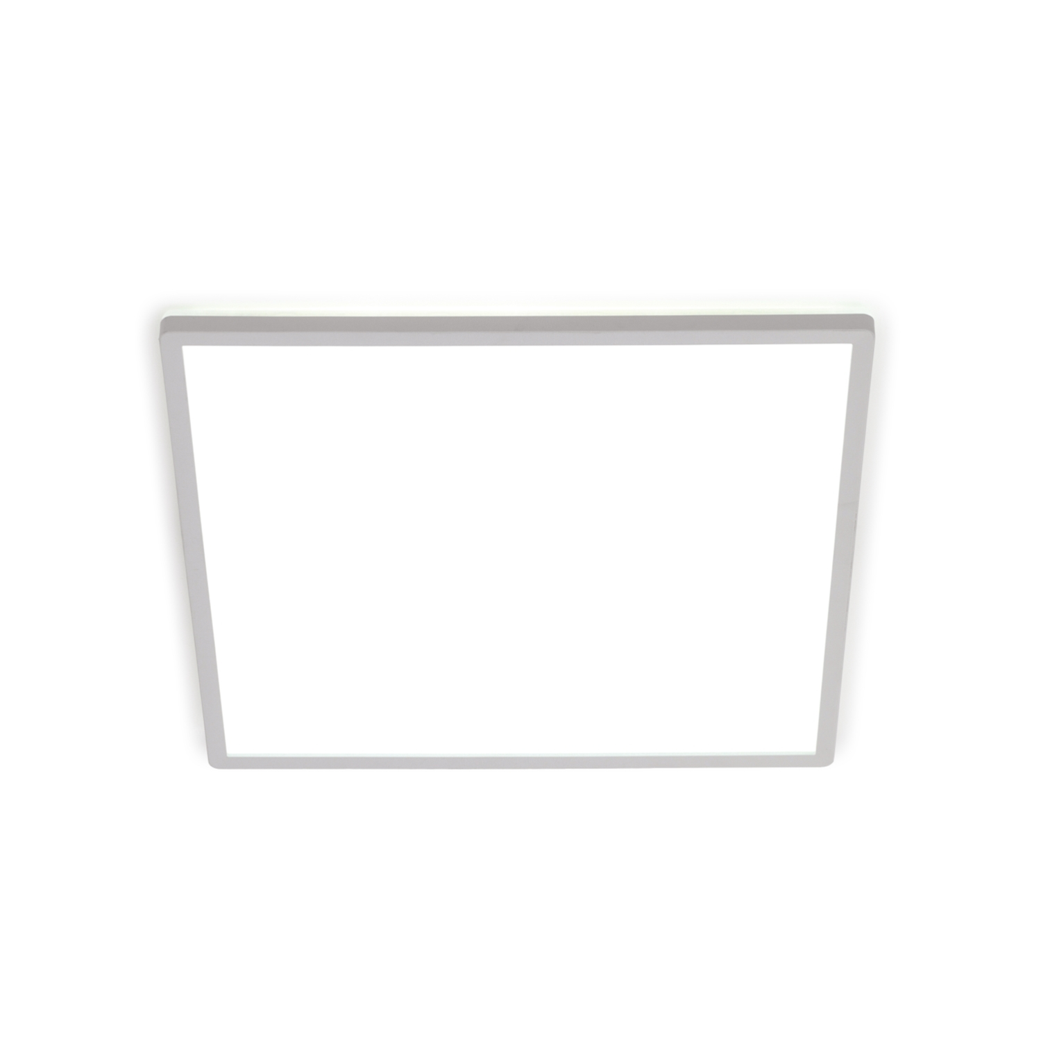 Un apparecchio di illuminazione a soffitto quadrato, bianco, incassato su uno sfondo bianco.