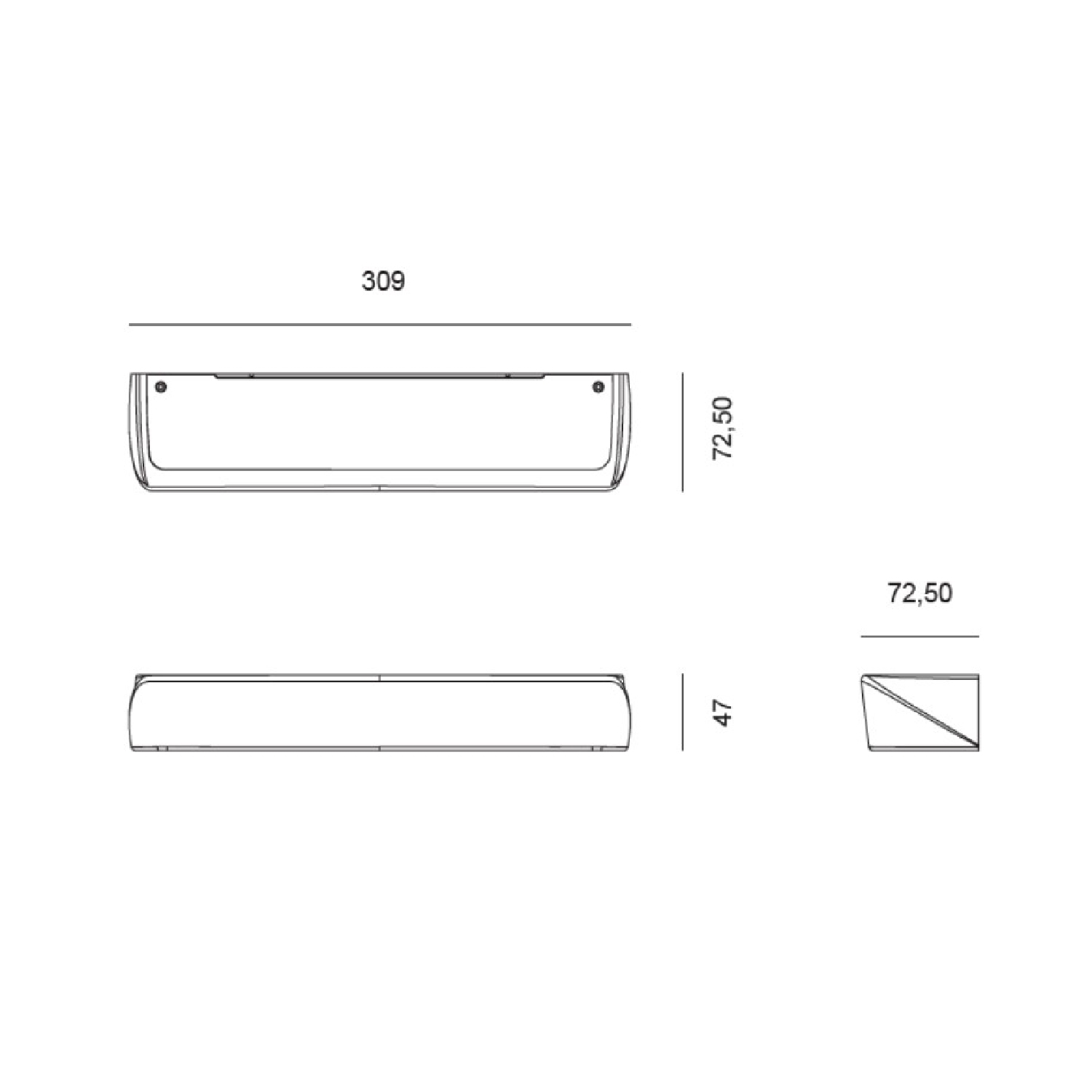 Disegno tecnico con misure di un apparecchio di illuminazione. Sfondo bianco.