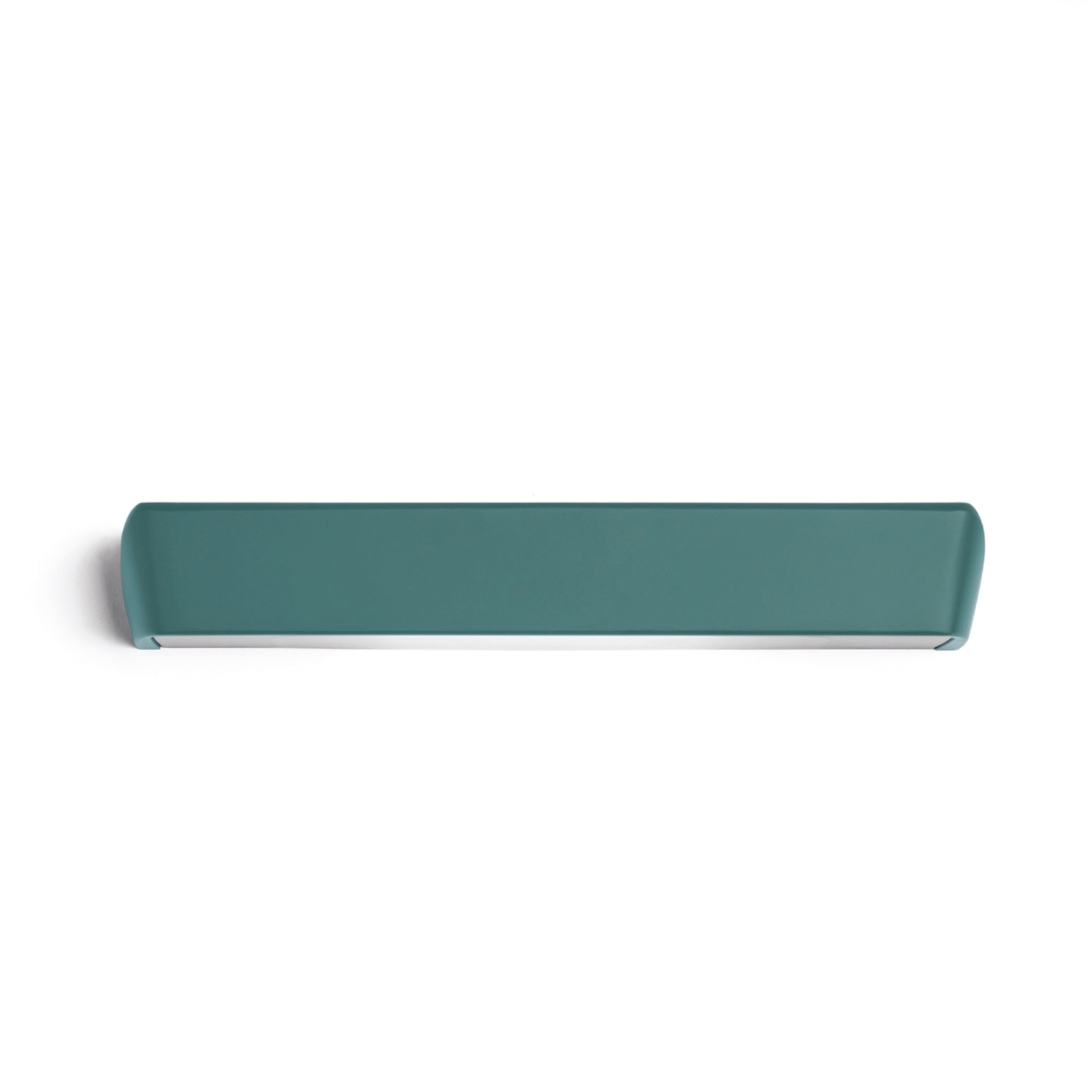Apparecchio di illuminazione rettangolare color verde acqua. L'apparecchio è su sfondo bianco.