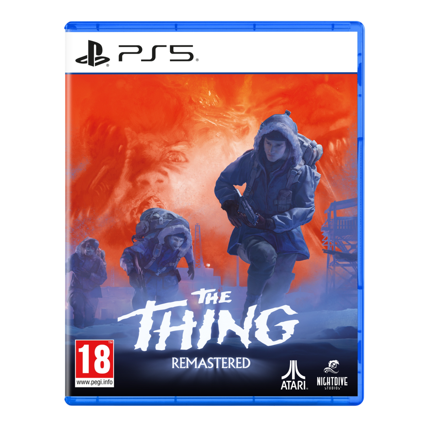 PS5 gamebox art voor The Thing: Remastered, met personages in een besneeuwde omgeving.