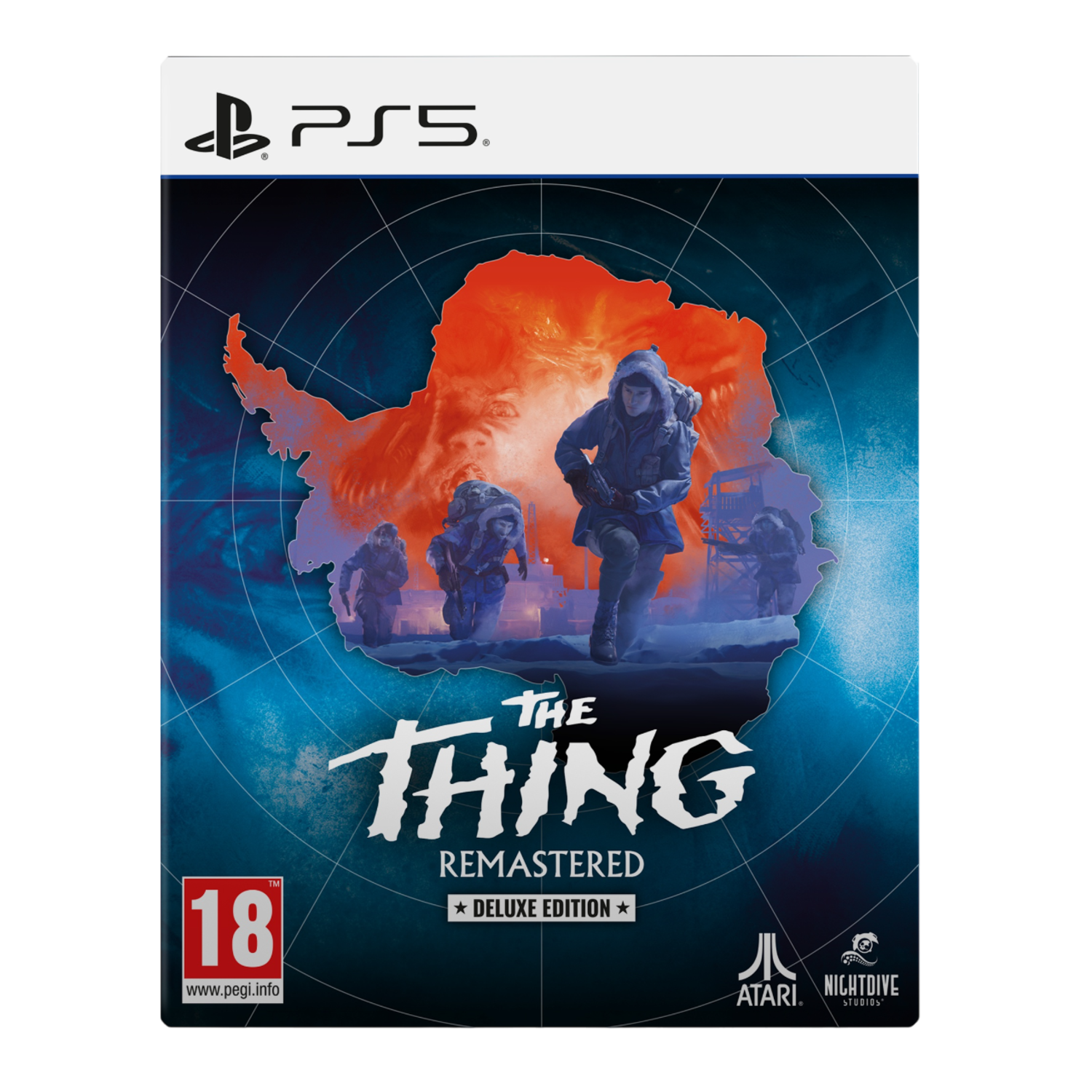 Gamebox art voor The Thing: Remastered. Toont personages in een arctisch landschap.