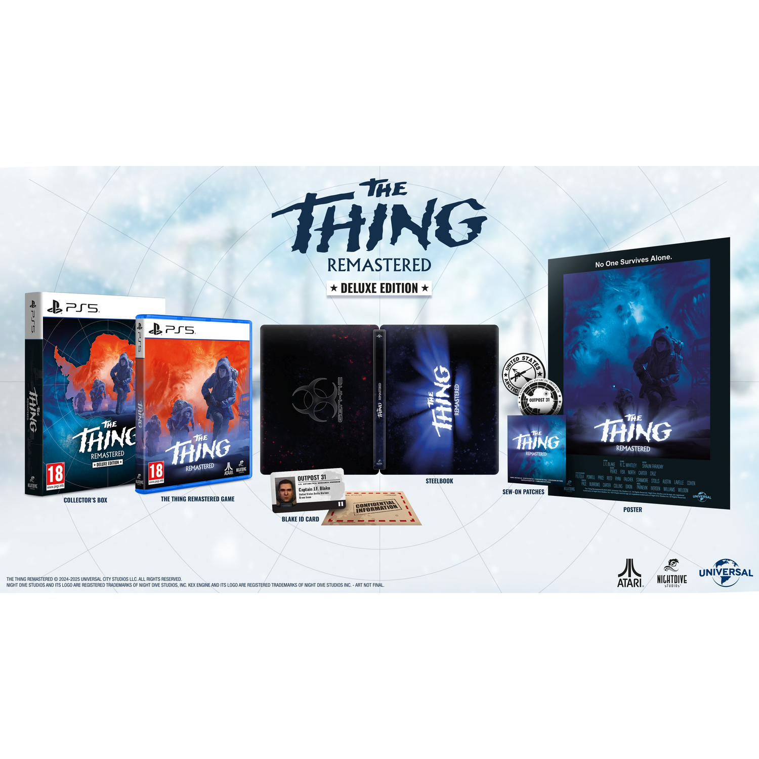 The Thing Remastered Deluxe Edition gameboxset met extra items zoals patches, een poster en steelbook.